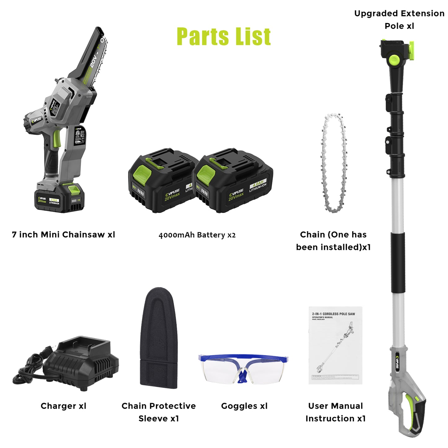 Vipuse 2-in-1 Brushless Cordless 16 FT Max Extension Pole Saws with Two 4.0Ah Rechargeable Batteries and 2.0Ah Fast Charger, 5.5lb Lightweight Auto Oiling 7 Inch Mini Chainsaws for Tree Trimming