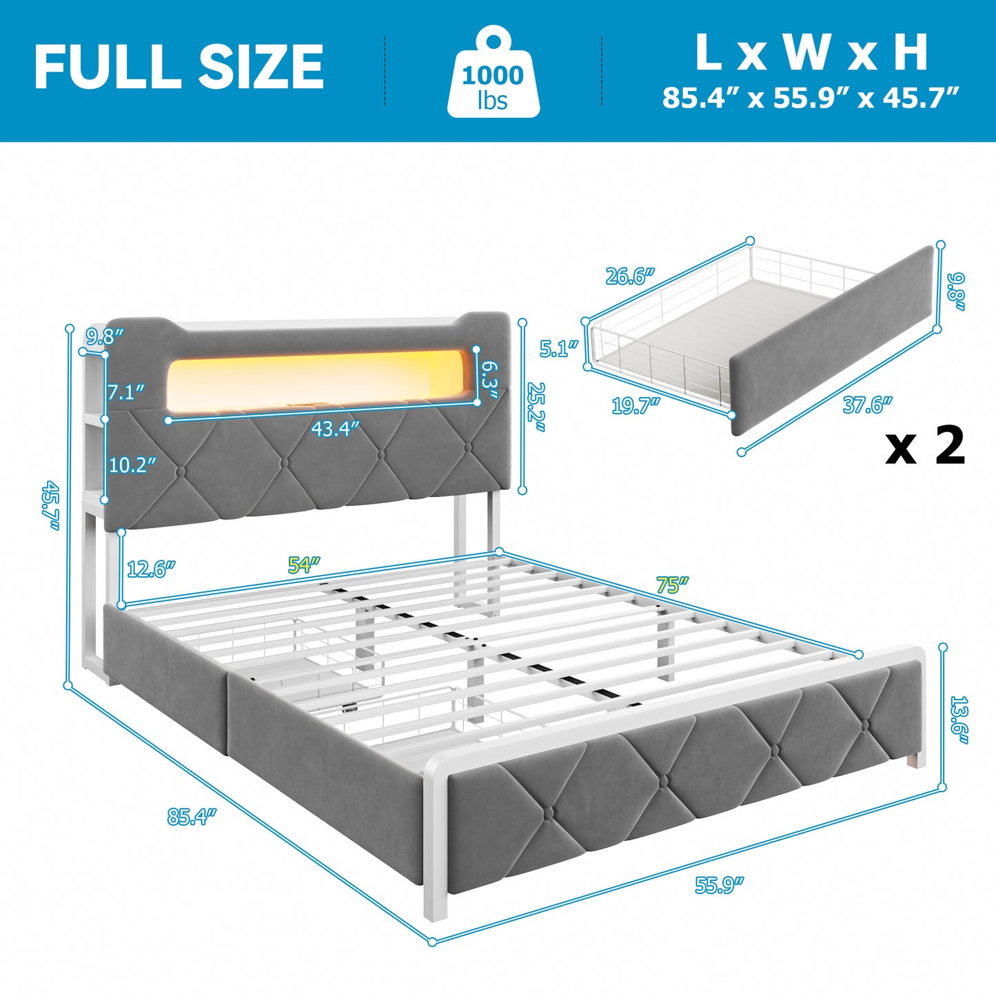 Anyact Full size Bed frame with 2 storage drawers and Headboard Metal Platform Bed Frame & LED Light Headboard, Built in Charging Station and Easy Assembly/Noise-Free, Gray