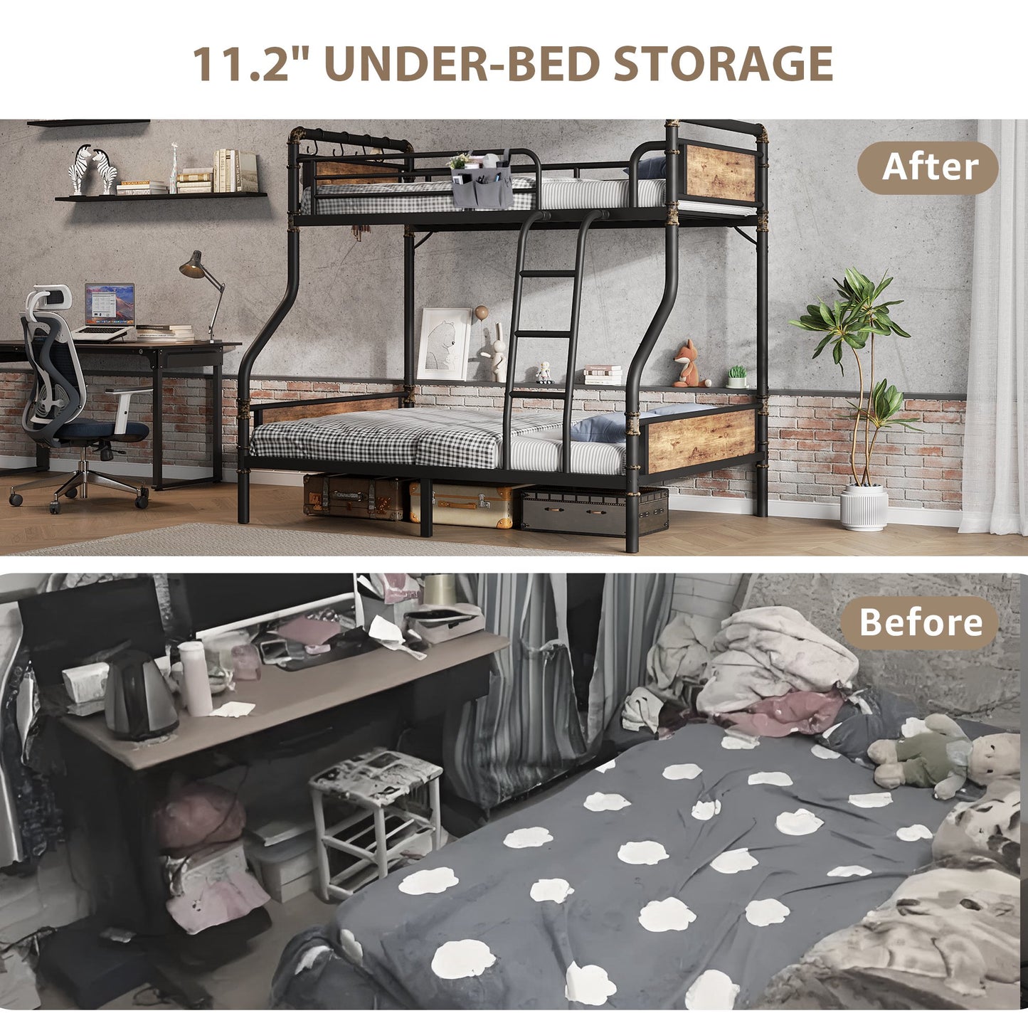 Hijob Twin over Full Bunk Bed, Antique Heavy Duty Metal Bed Frame with Storage Bag&Hooks for Adults Teens, Convertible into 2 Seperate Beds, Black&Brown