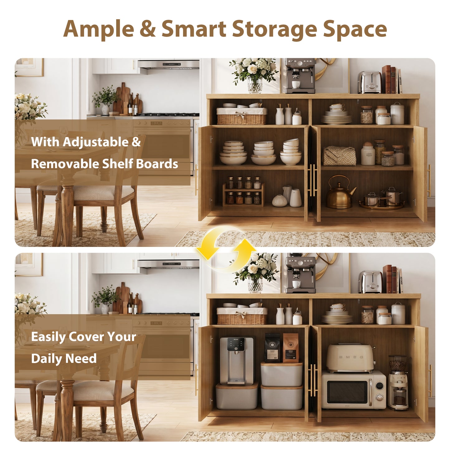 Hijob Modern Fluted Sideboard Cabinet, 63" Width Sideboard with Metal Handle w/Curved Profile Design, Open Shelf Sideboard, Natural Oak