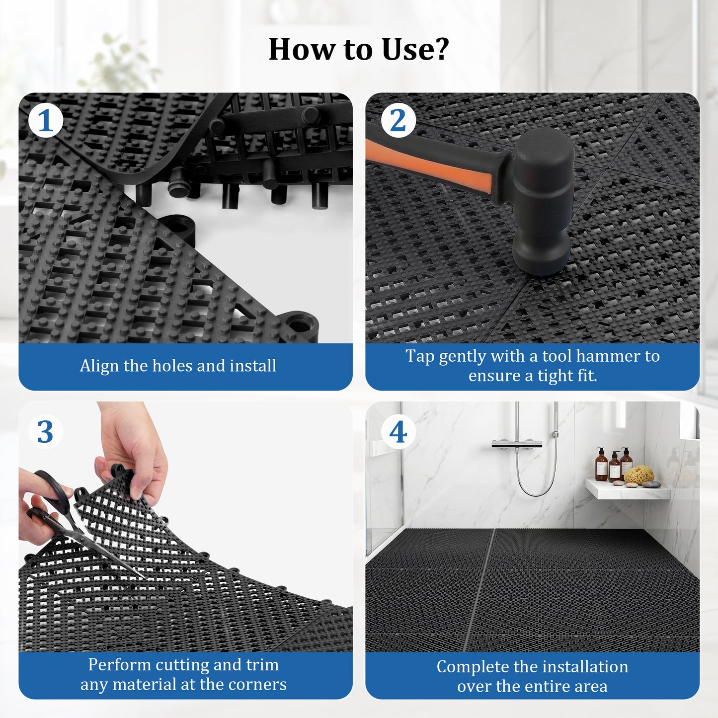 Vipuse 60PCS Interlocking Tile Cushion,12" x 12" Drainage Floor Mats, Soft PVC Non-Slip Tiles with Drainage Holes for Wet Areas like Bathrooms, Kitchens, Pools, and Restrooms, Black