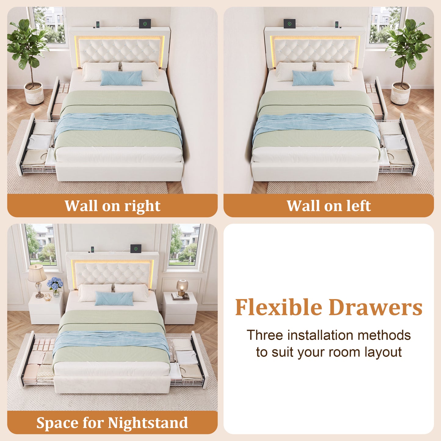 Hijob Queen Bed Frame with Headboard, Beige Velvet Tufted Headboard and 2 Storage Drawers, No Box Spring Needed, Built in Charging Station & LED Lights, Light Beige