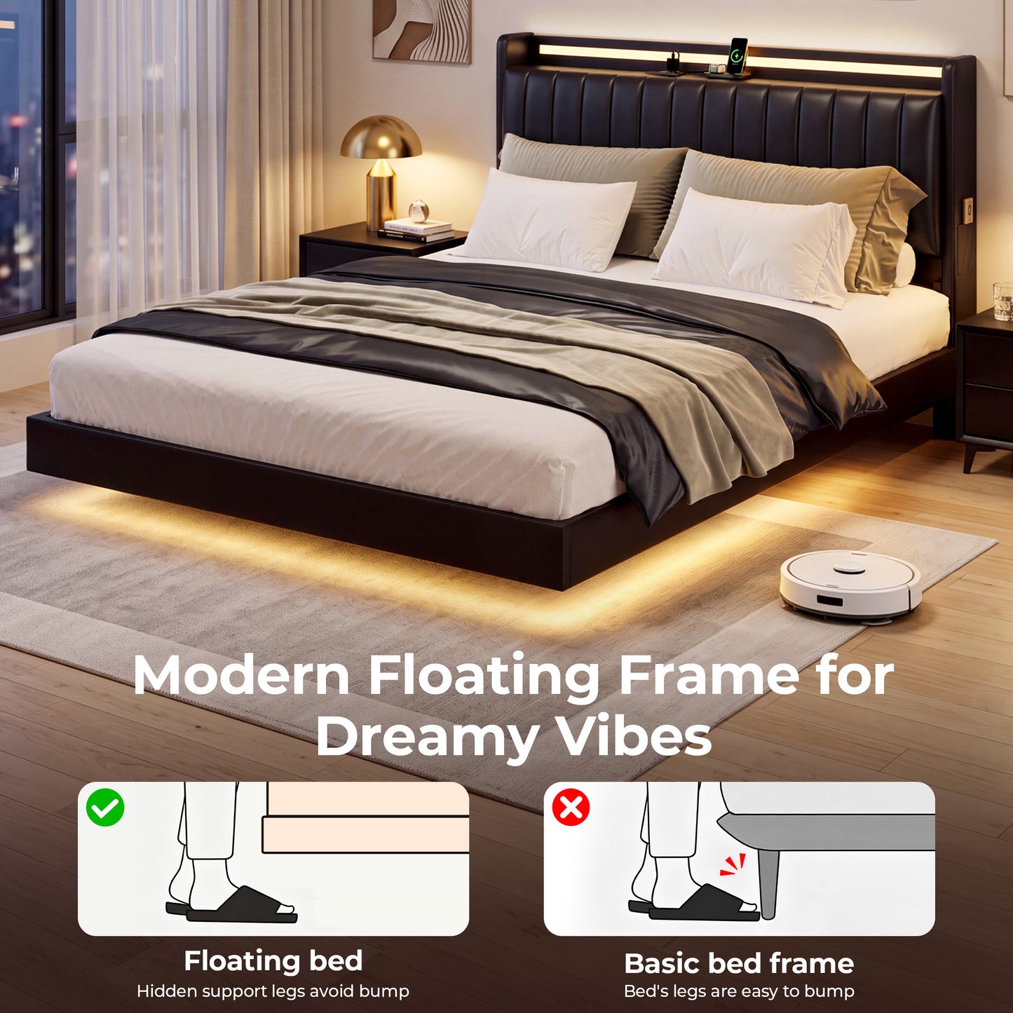HiJob Queen Size Floating Bed Frame with Reclining PU Leather Storage Headboard, 3 Adjustable Positions, RGB LED Lights, Charging Station, Heavy Duty Platform Bed