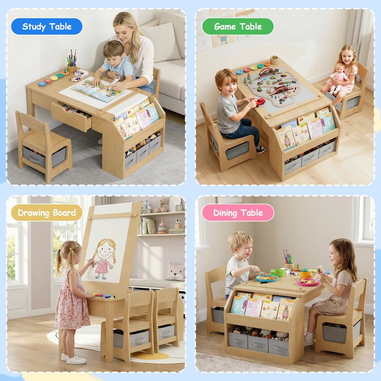 Hijob 5-in-1 Kids Art Table & Chair Set – Convertible Easel with Paper Roll Holder, Storage Drawers & Foldable Craft Desk, Toddler Activity Learning Center for Playroom, Natural Wood