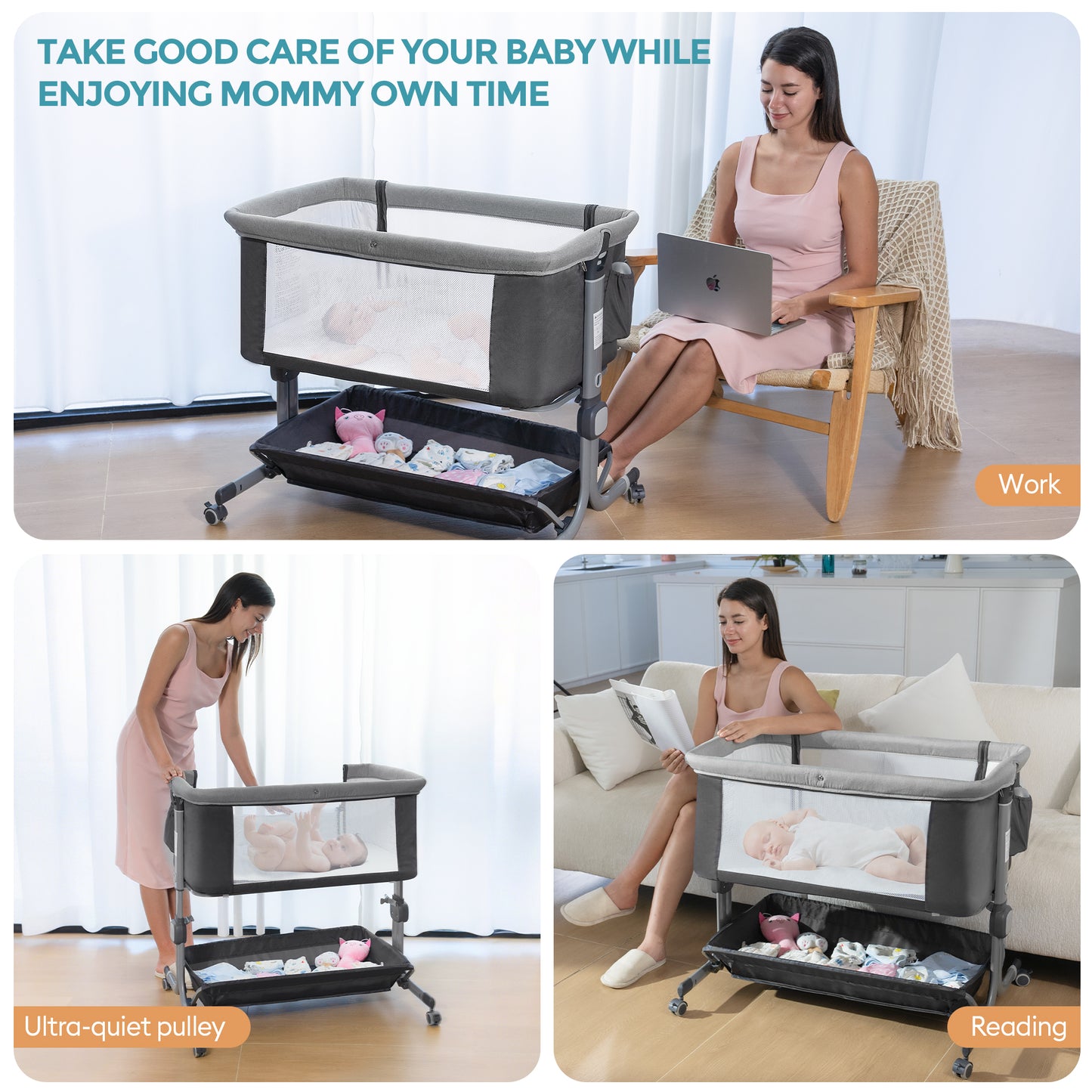 Anyask Baby Bedside Bassinet with 6 Height Adjustable & Mosquito Net & Storage&Lockable Wheels for Infants, Dark Grey