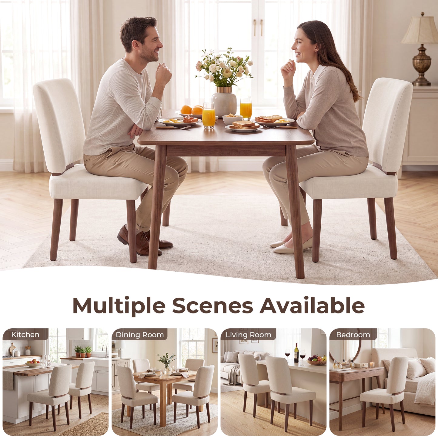 Hijob Upholstered Dining Chairs set of 2, Mid-Century Modern Solid Wood Legs Kitchen Chairs with Padded Seat & Backrest, Beige Fabric Accent Chairs for Dining Room, Living Room, Bedroom