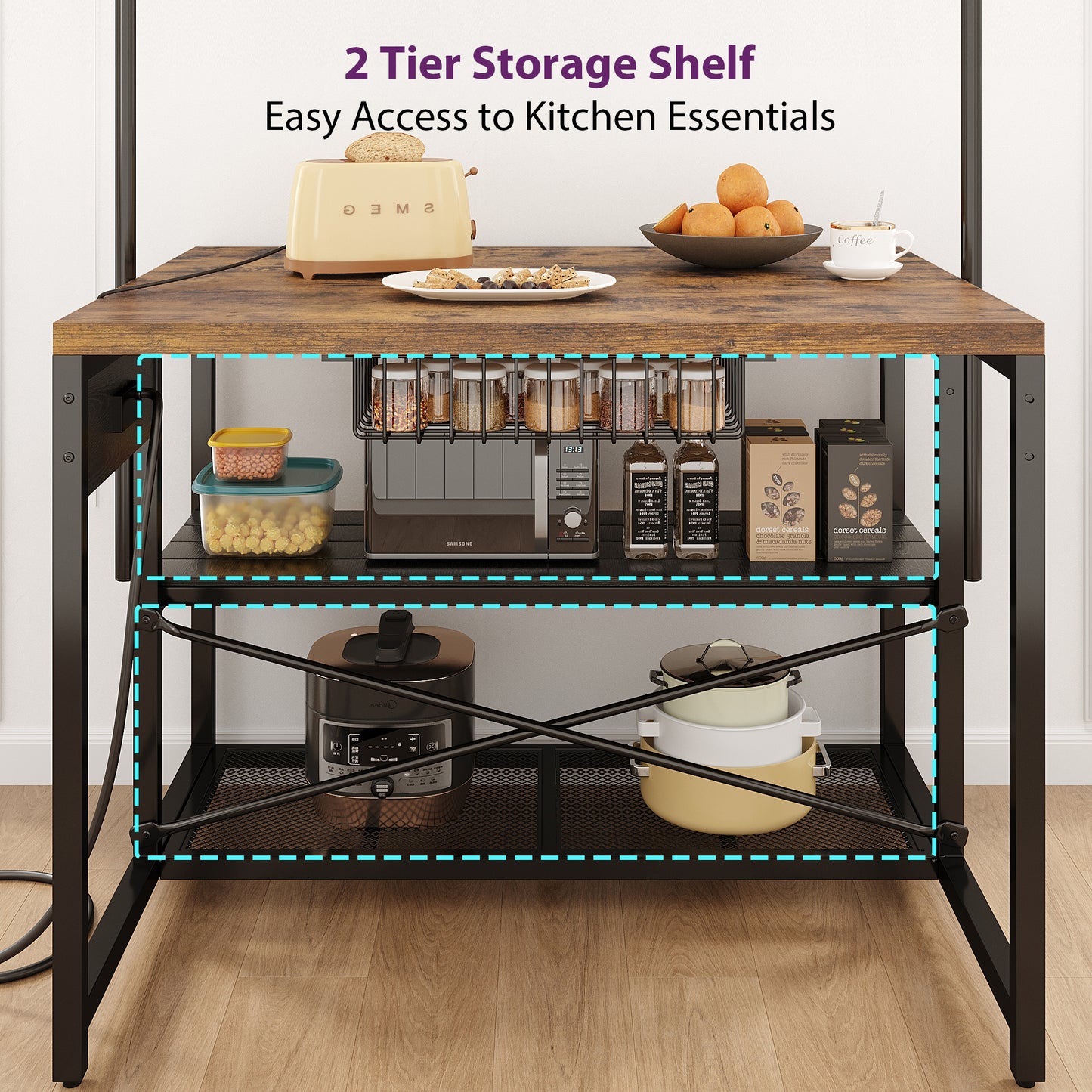 Anyact Kitchen Island with Power Outlet&5 Hooks, Bakers Rack with Storage,Industrial Coffee Bar Table for Kitchen Dining Living Room(Vintage Brown)