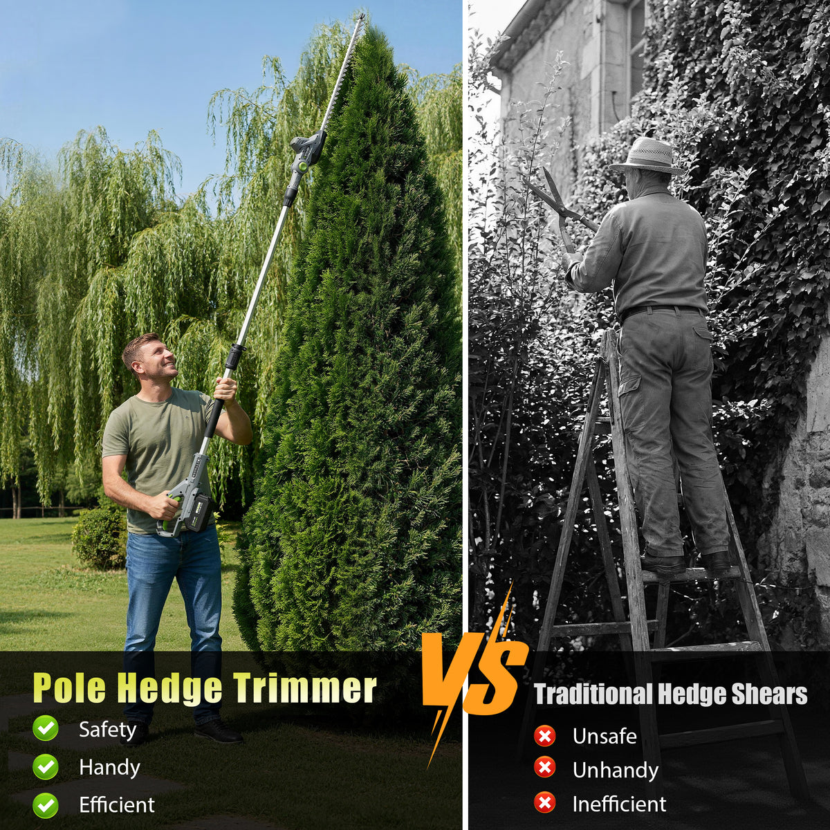Vipuse Pole Hedge Trimmer Cordless, Electric Bush Trimmer Tool with 21" Dual-Action Blade, Detachable Telescoping Pole, 4.0Ah Battery, Powerful Branches Cutter for Tree & Shrubs Pruning