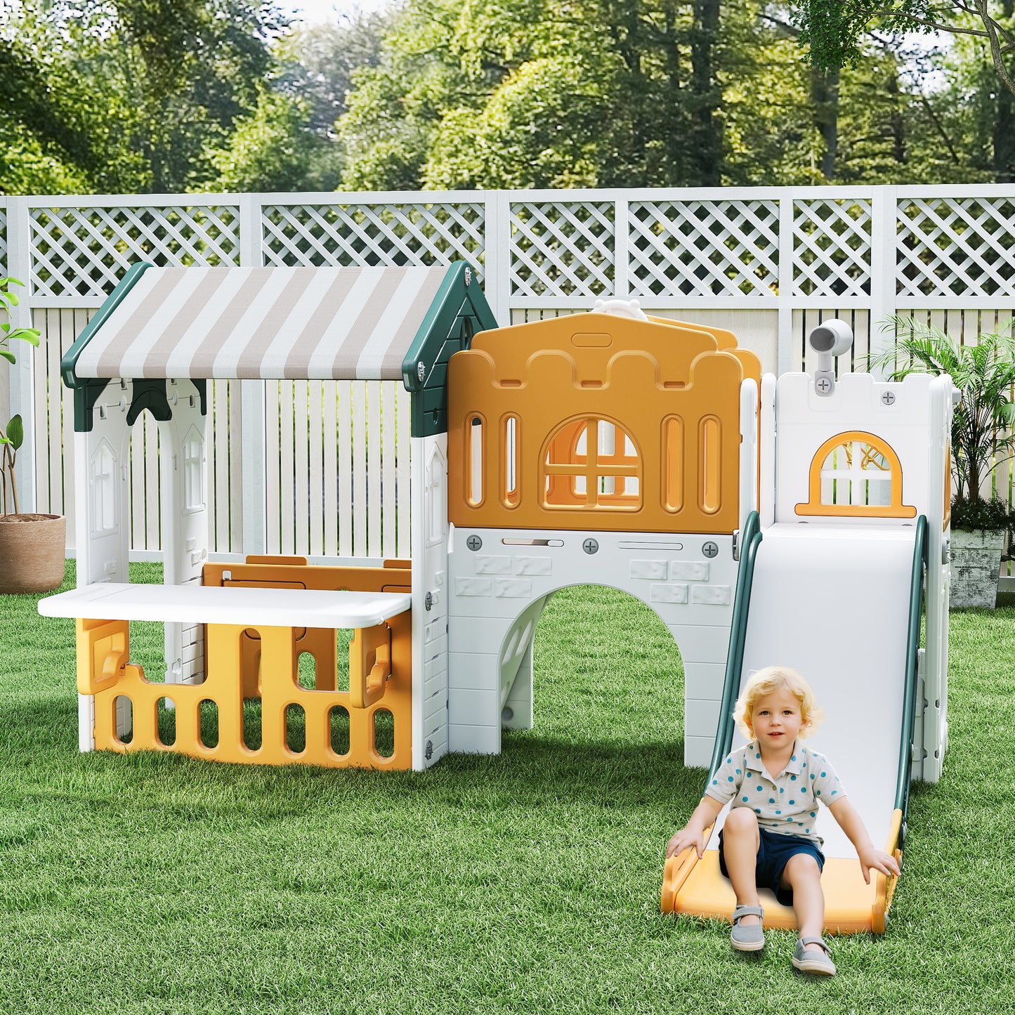 Vipuse Playhouse Playsets with Slide, 9 in 1 Playground Toddler Slide for Indoor Outdoor Backyard,Yellow & Green