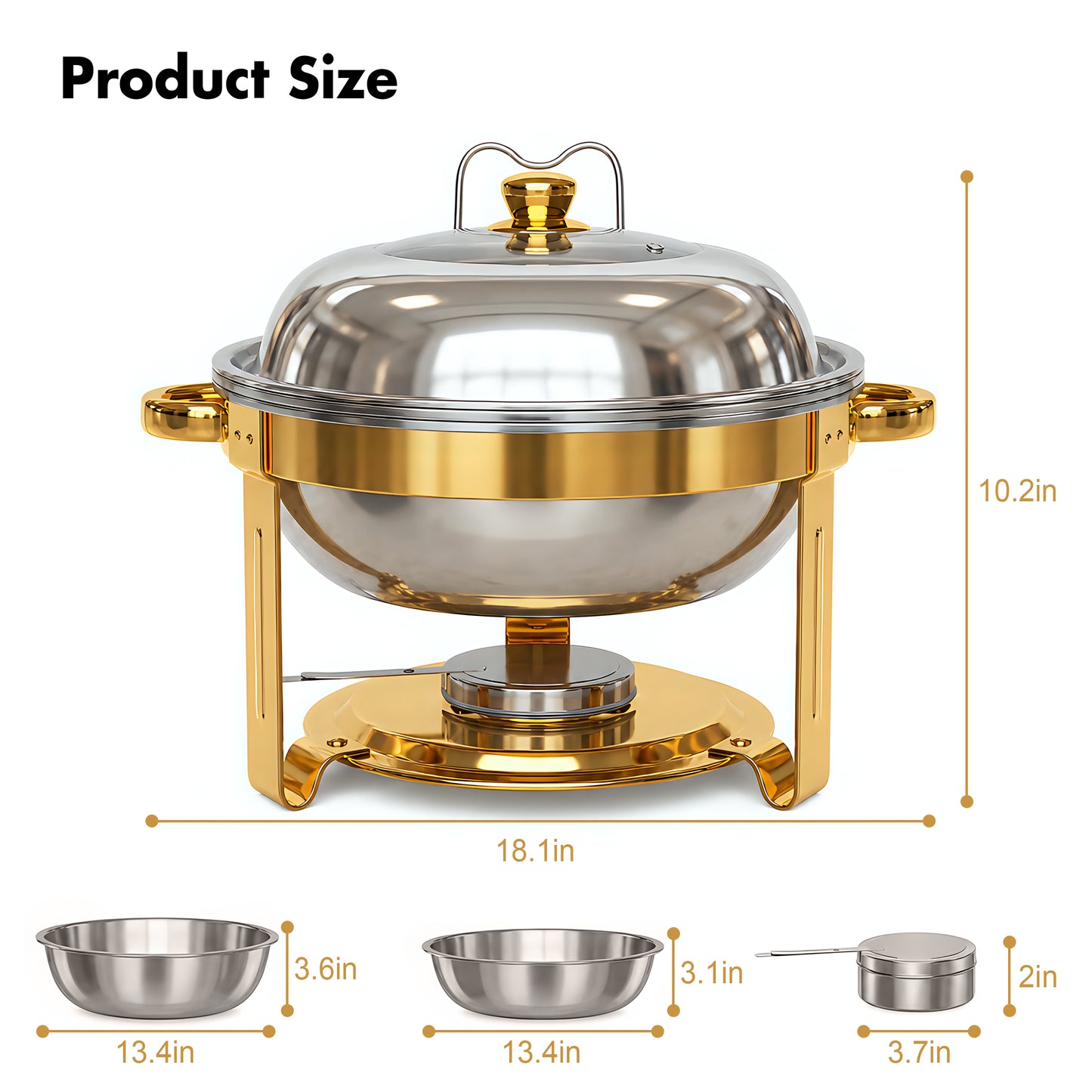 Vipuse Chafing Dishes for Buffet, 4 Pack 5QT Round Stainless Steel Chafing Dish Set for Home Parties, Christmas Gatherings, Catering Events Complete Buffet Warmer Set, Golden