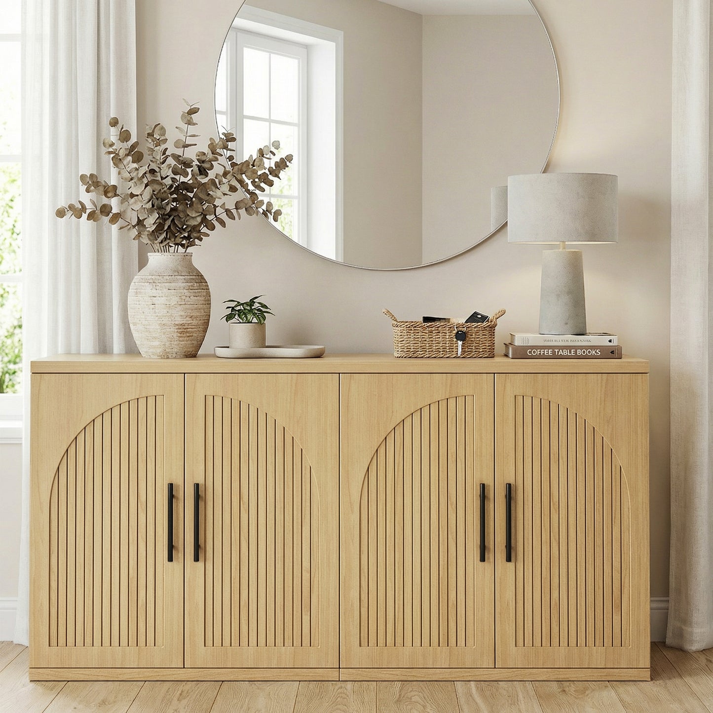 Hijob Modern Fluted Sideboard Cabinet, 63" Long Dressers with Metal Handle w/Curved Profile Design, Wood Mid Century Dresser w/Double-Layered for Living Room, Natural Oak