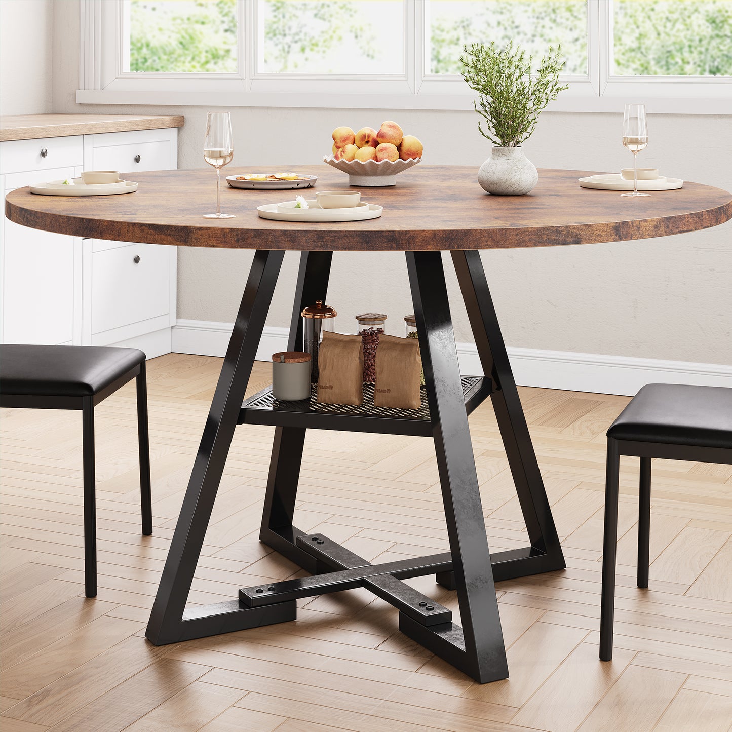 Anyact 47 inch Wood Dining Table for 4, Round Kitchen Dining Table with Storage Shelf for Home Dining Room Living Room, Brown(Only Table)