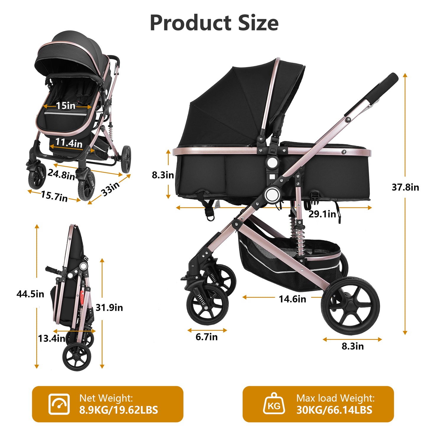 Welbabel Coches Para Bebes,Foldable Baby Stroller Reversible Bassinet,Mom Push Stroller with Adjustable Canopy,Removable Footmuff, Adjustable Backrest,Toddler Stroller for 0-36 Months Baby,Black