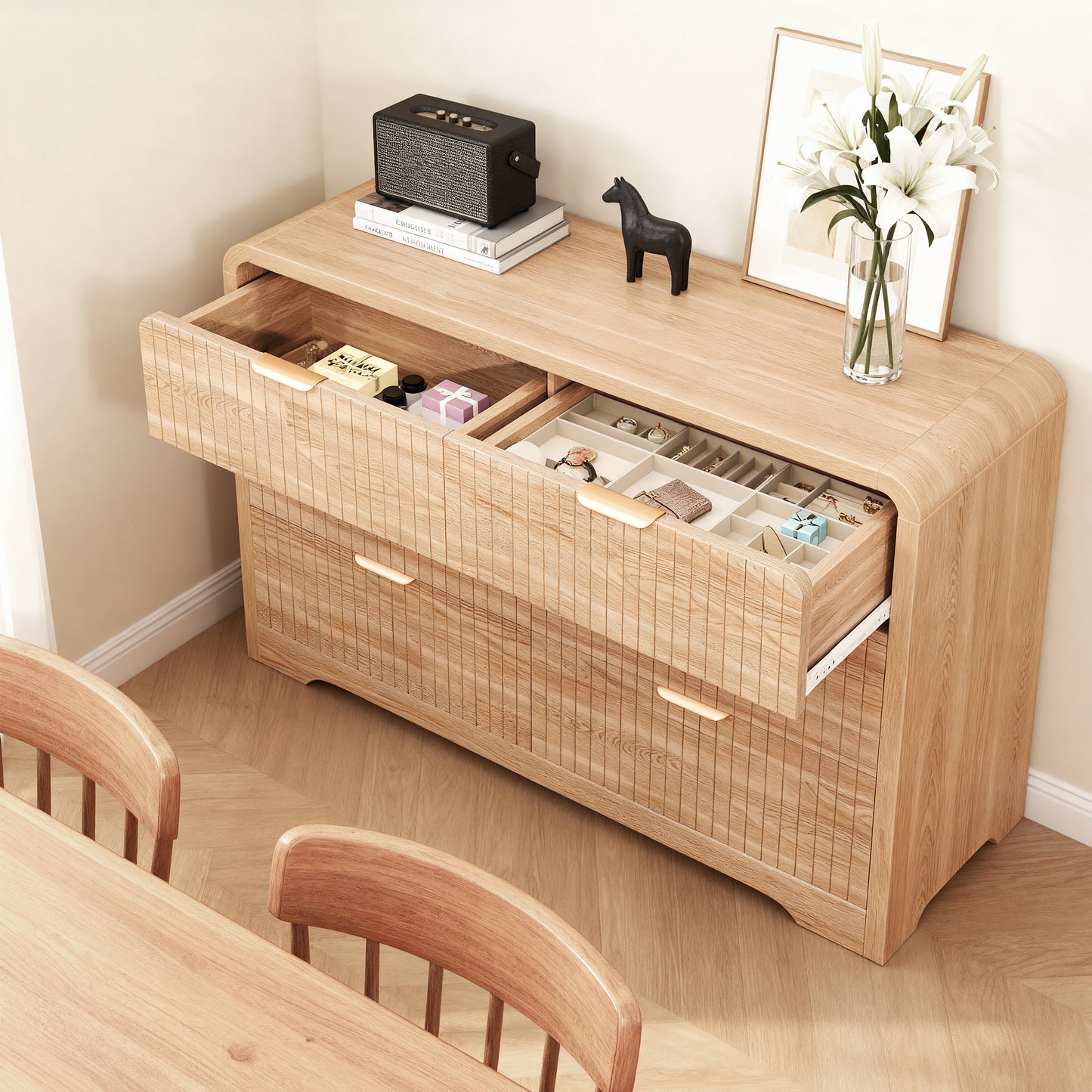 Hijob Modern 6 Drawers Dresser for Bedroom, 47.3" Long Dressers with Metal Handle w/Curved Profile Design, Wood Mid Century Vertical Dresser w/Natural Texture for Bedroom, Living Room, Natural Oak