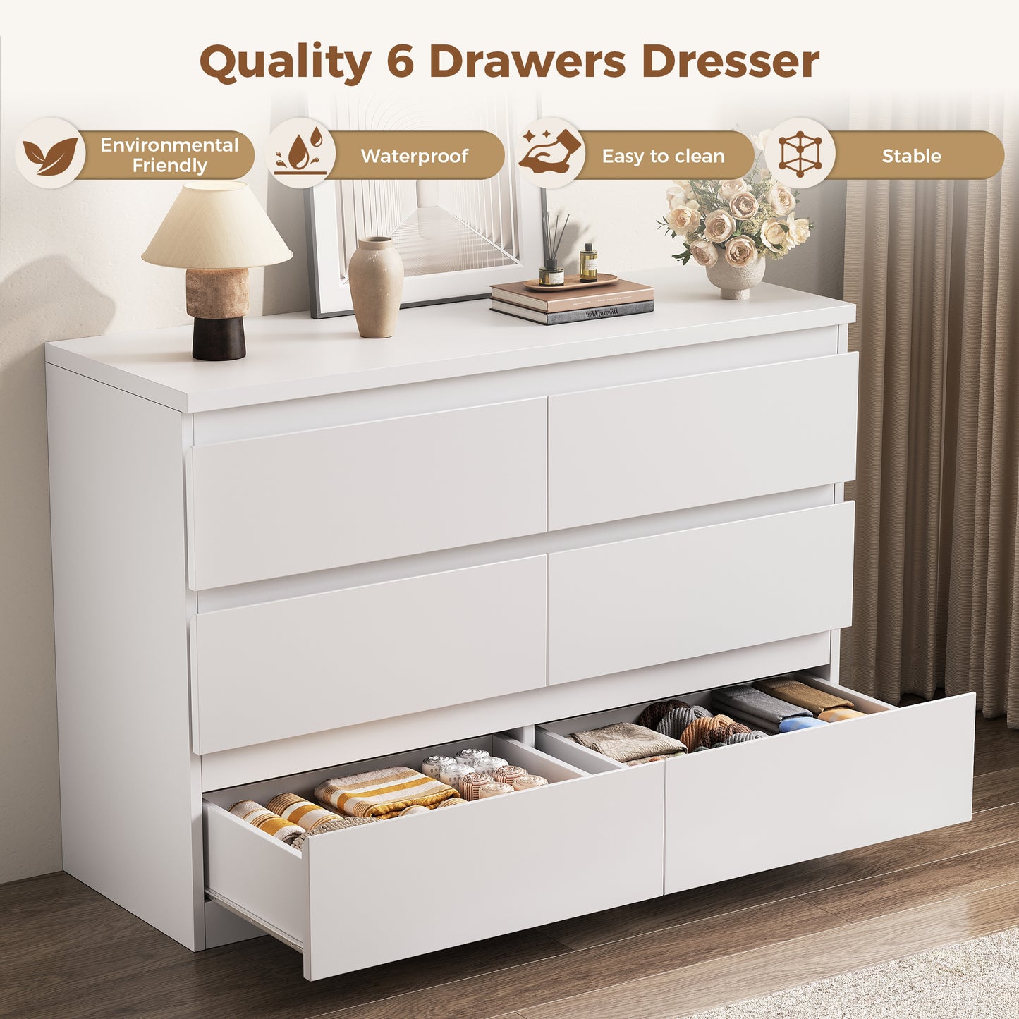 Hijob 6-Drawer Dresser, Modern White Dresser 47.3" Wide Sturdy Simply Chest of Drawers, Handle-Free Storage Organizer and Deep Drawers for Bedroom Living Room Entryway, White