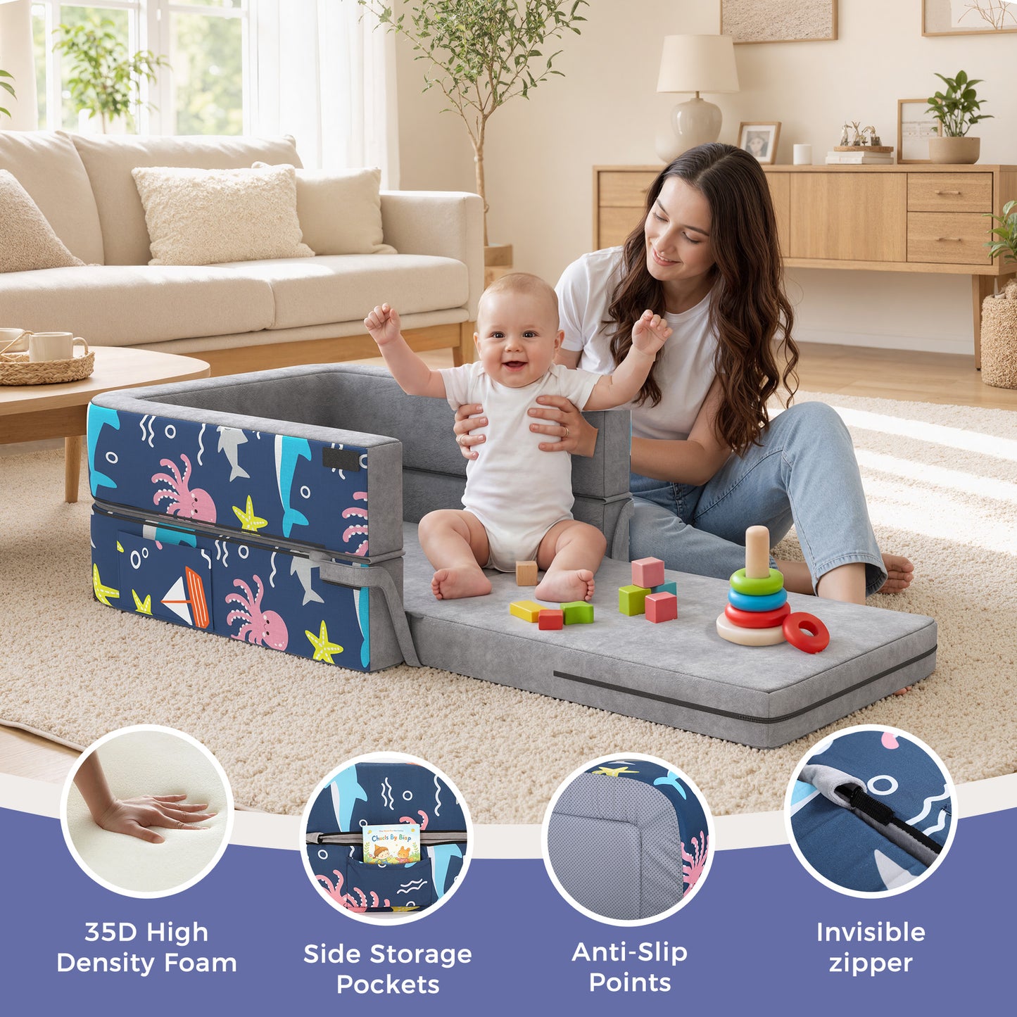 Minikid 3-in-1 Toddler Travel Bed,Foldable Kid Toddler Sofa Bed for Kids Camping Vacation,Memory Foam Filling,Grey