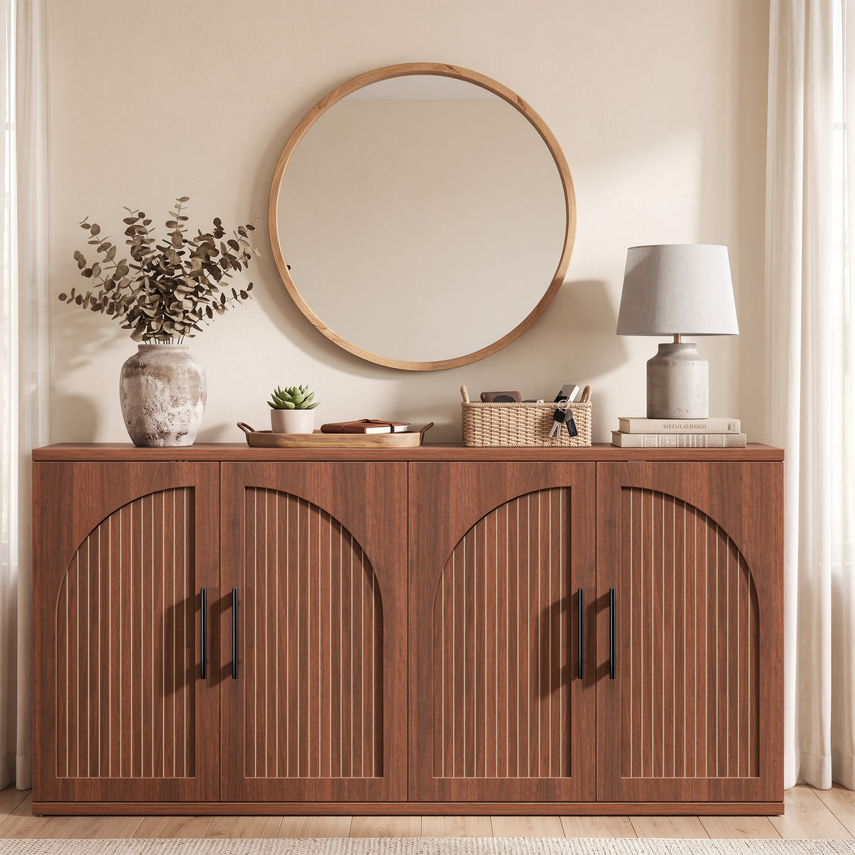Hijob 63" Width Sideboard with Arched Grooved 4 Doors, Buffet Cabinet Adjustable Shelves for Entryway, Living Room and Dining Room, Walnut