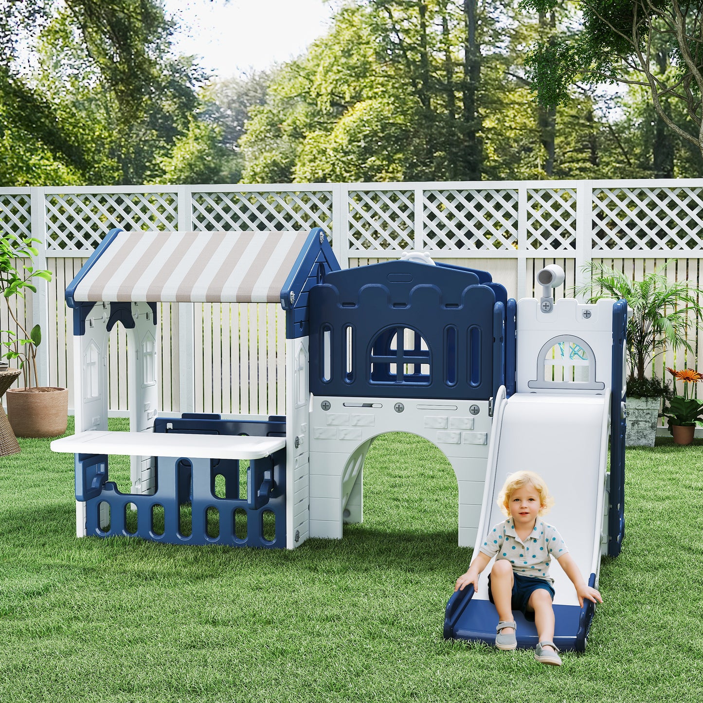 WFUN 9 in 1 Indoor Infant Toddler Playground Slides Playset for Backyard Home, Blue & Gray