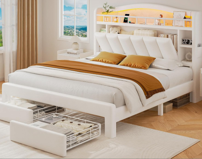 Hijob Beige Velvet Upholstered Platform Twin Size LED Bed Frame with Drawer Adjustable Lighted Headboard for Girls Kid's Bedroom