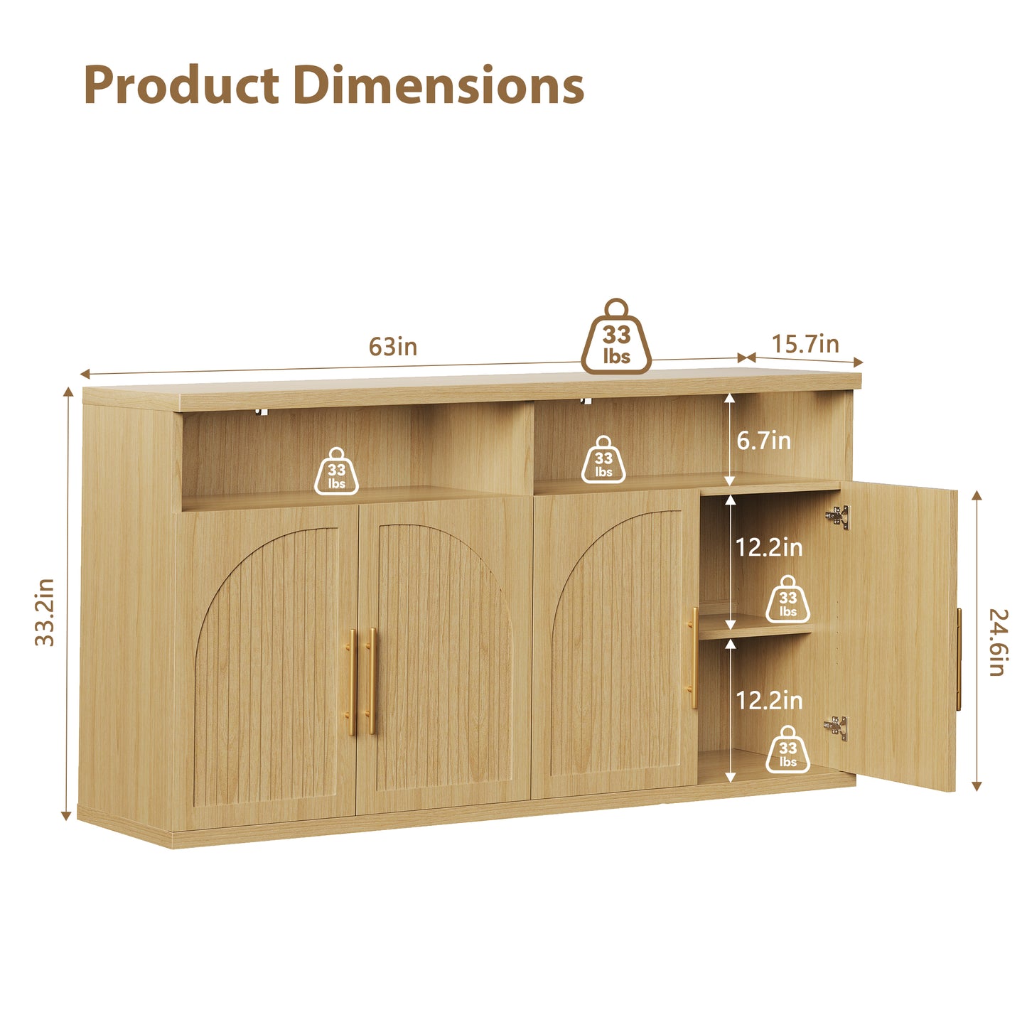 Hijob Modern Fluted Sideboard Cabinet, 63" Width Sideboard with Metal Handle w/Curved Profile Design, Open Shelf Sideboard, Natural Oak