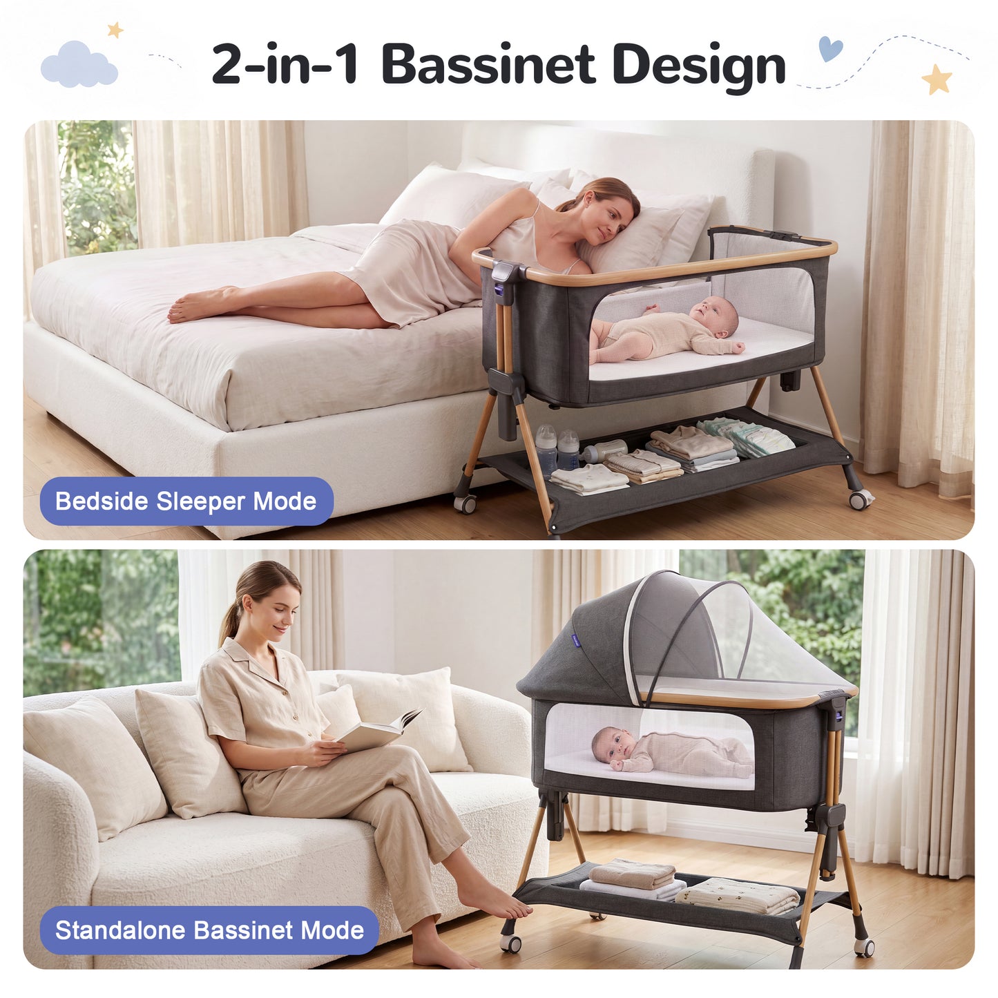 Vipuse 3-in-1 Baby Bassinet Bedside Sleeper, Black