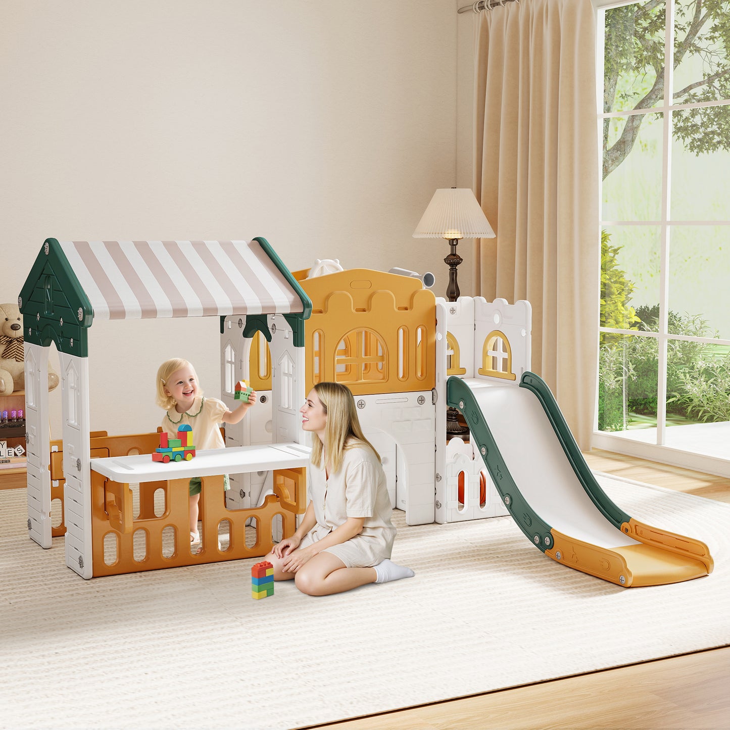 Vipuse Playhouse Playsets with Slide, 9 in 1 Playground Toddler Slide for Indoor Outdoor Backyard,Yellow & Green