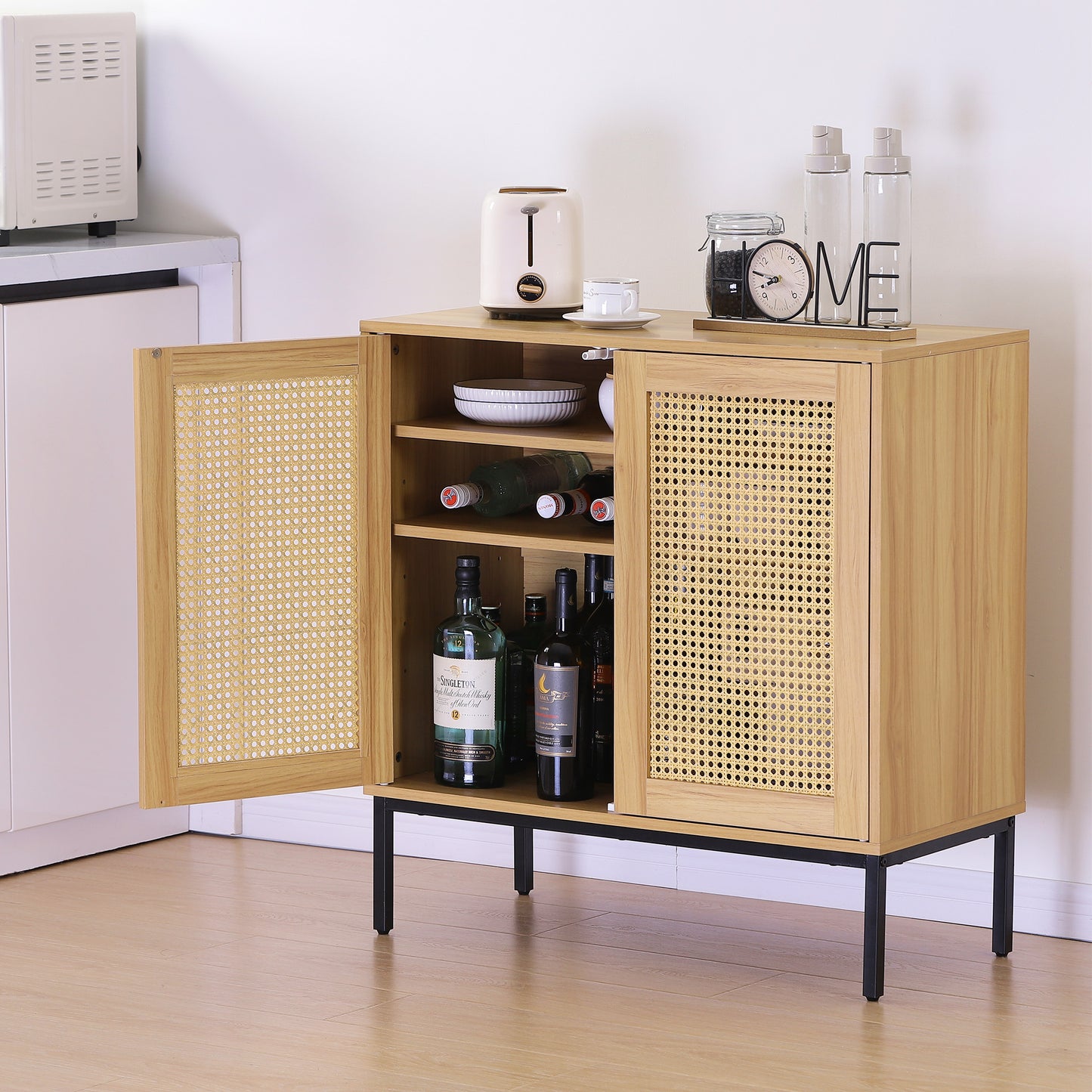 Nifamembo Sideboard Buffet Kitchen Storage Cabinet with Rattan Decorated Doors, Liquor/Accent Cabinet, Natural