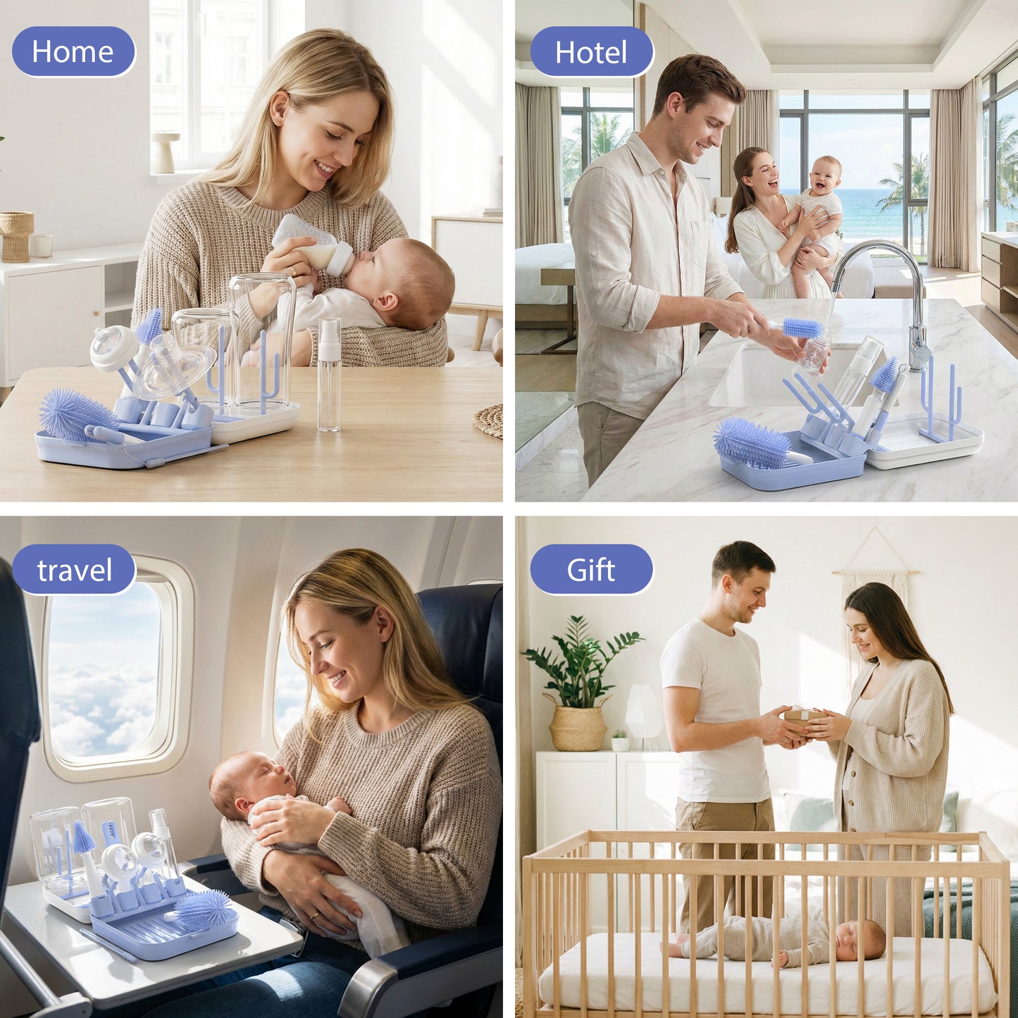 Minikid Baby Bottle Brush Set, 9-in-1 Portable Travel Bottle Cleaning Kit, BPA-free, Compact Travel Baby Essential for Home & On The Go, Blue-Purple