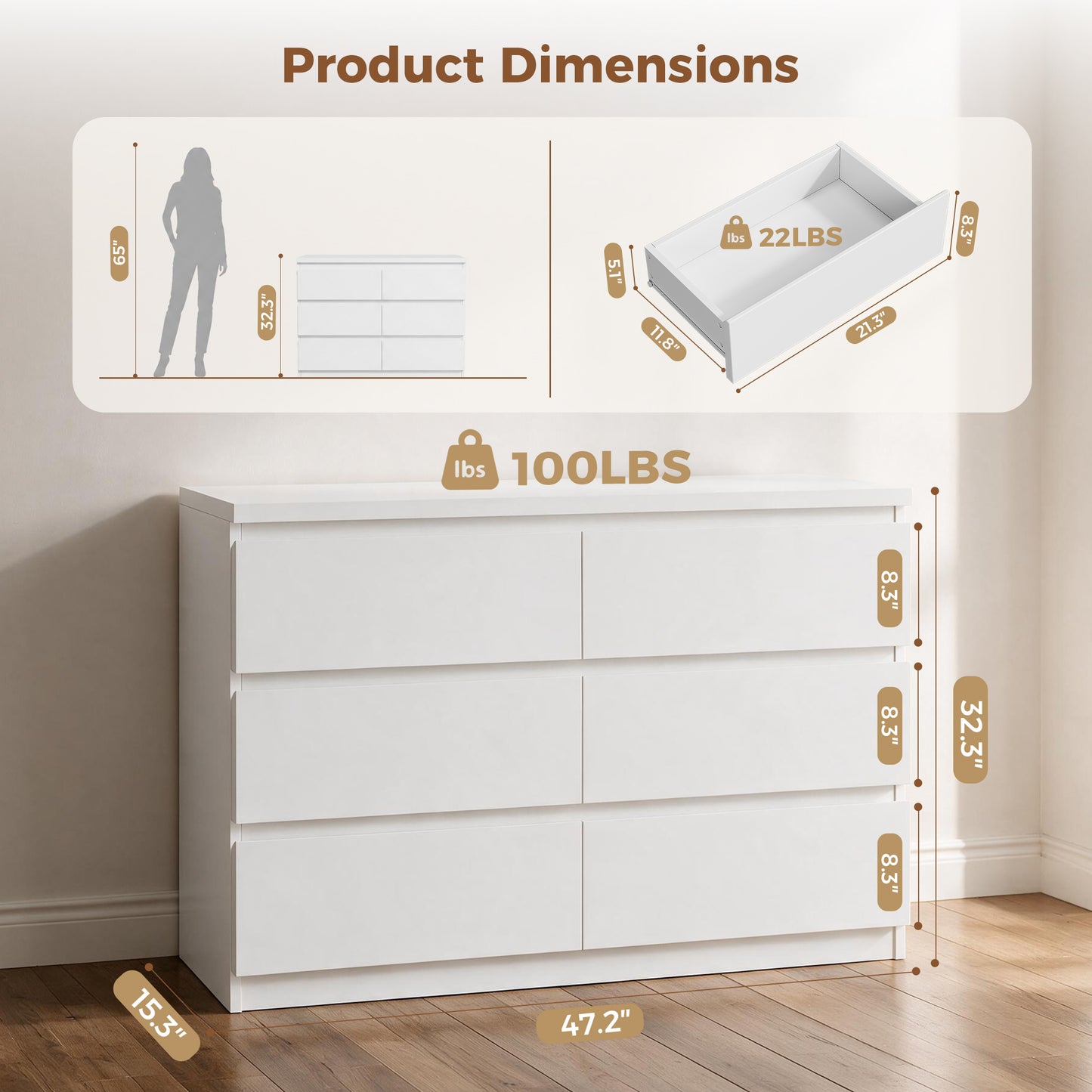 Hijob 6-Drawer Dresser, Modern White Dresser 47.3" Wide Sturdy Simply Chest of Drawers, Handle-Free Storage Organizer and Deep Drawers for Bedroom Living Room Entryway, White