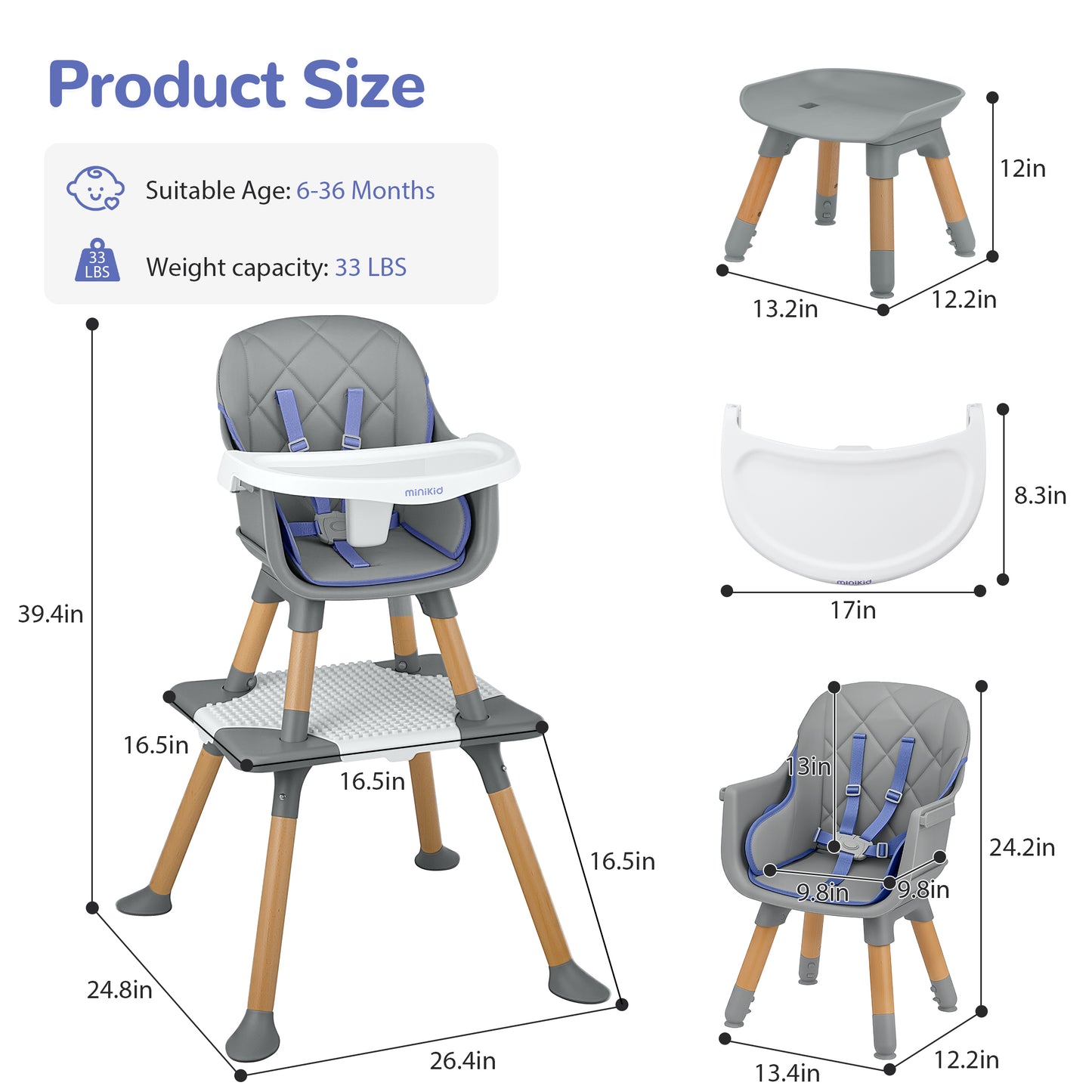 Minikid Wooden Baby High Chair with Removable Tray, 8 in 1 Convertible Feeding Highchair for Toddlers,Gray