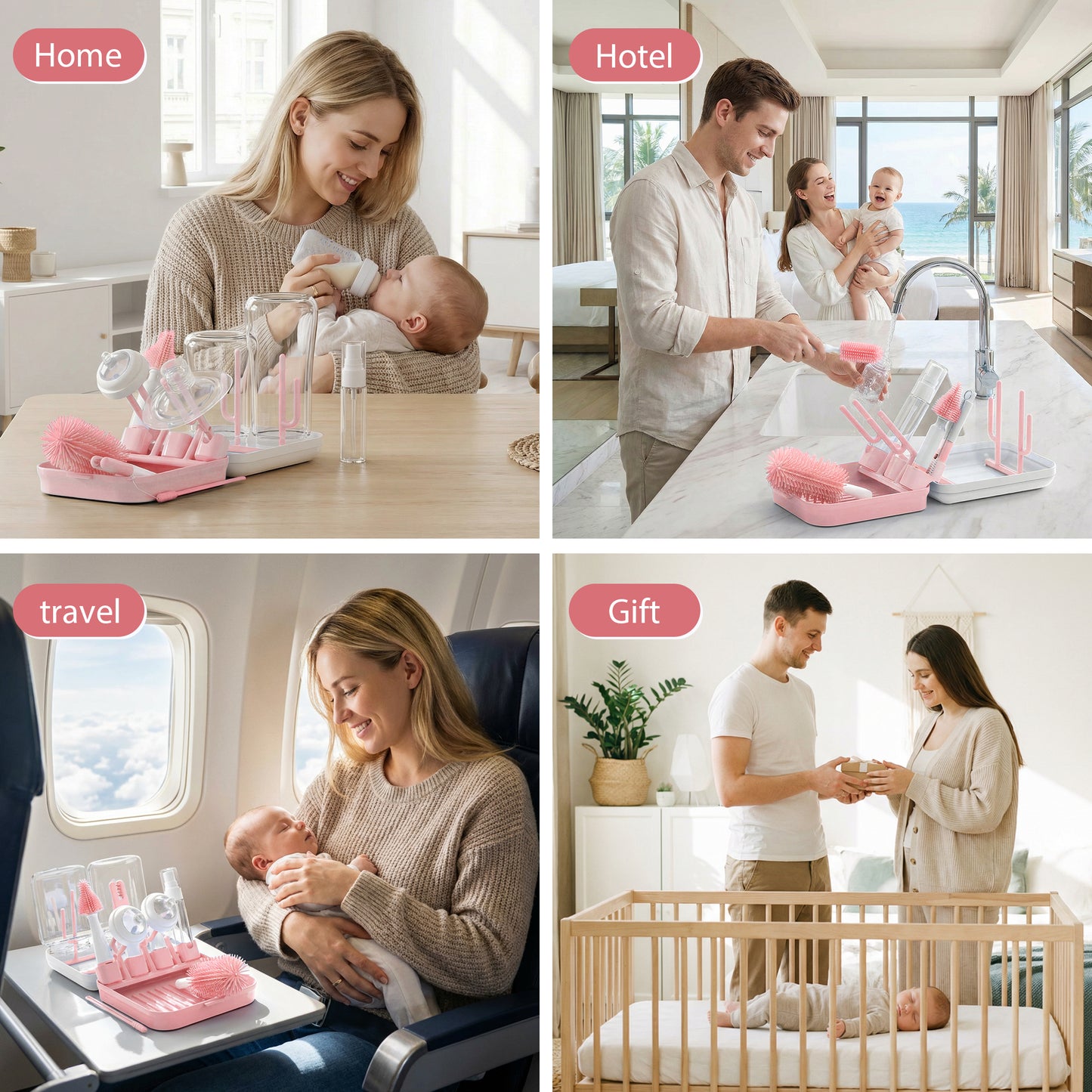 Minikid Baby Bottle Brush Set, 9-in-1 Portable Travel Bottle Cleaning Kit, BPA-free, Compact Travel Baby Essential for Home & On The Go, Pink