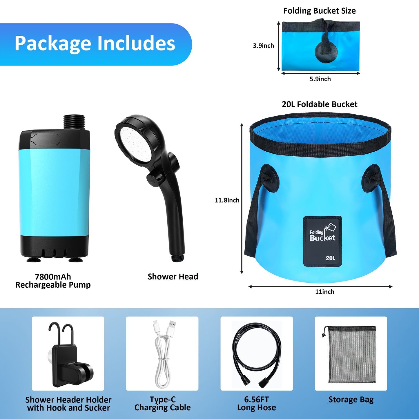Vipuse 7800mAh Battery Powered Portable Bath Shower Kit with Foldable 5 Gallon Bucket for Hiking/Travel/Car/Pet Washing