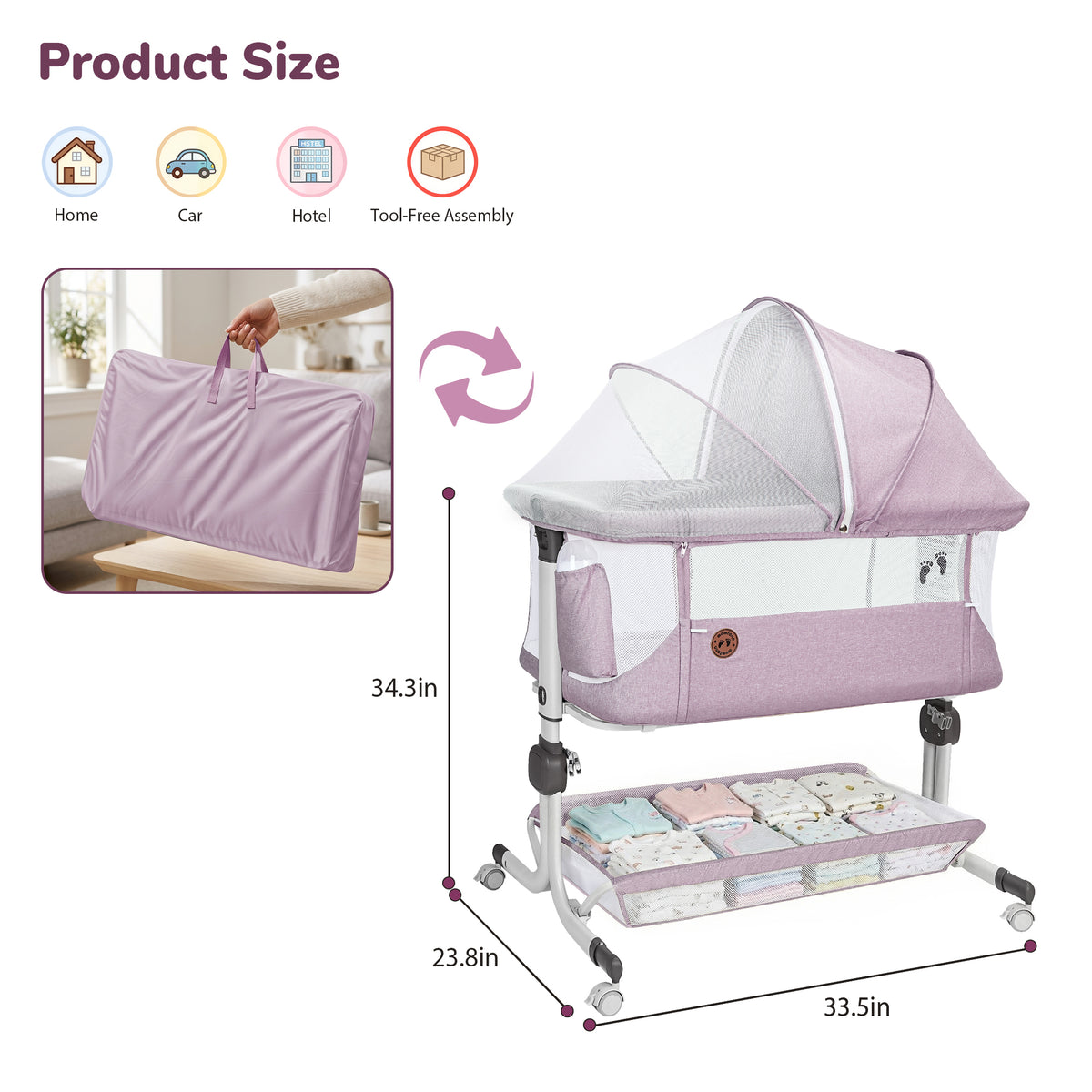 Vipuse 3-in-1 Baby Bassinet Bedside Sleeper, 6 Height Adjustments, Full Mesh Breathable, Portable Newborn Baby Crib with Storage Basket, Pinkish Purple