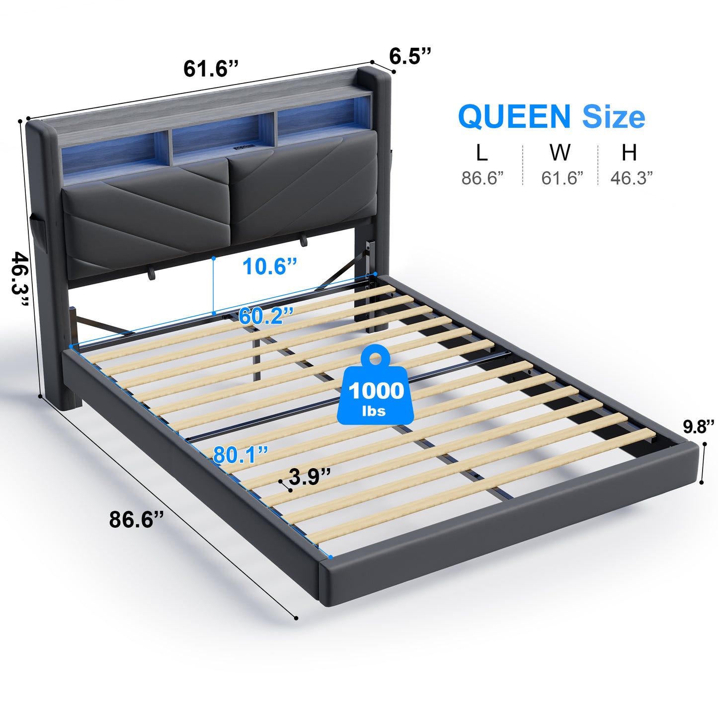 Hijob Floating Upholstered Bed Frame Queen Size with Ergonomic & Adjustable Storage Headboard, Gray