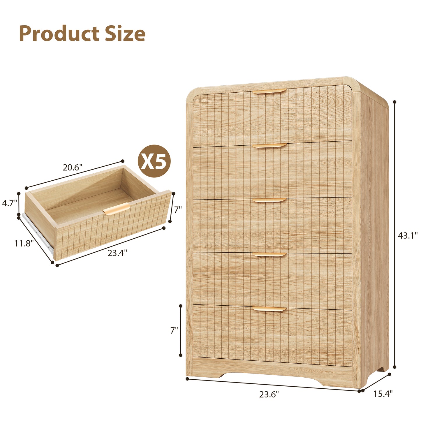 Hijob Fluted 5 Drawers Dresser for Bedroom, 42" Tall Dressers with Metal Handle w/Curved Profile Design, Wood Mid Century Vertical Dresser w/Natural Texture for Bedroom, Living Room, Natural Oak