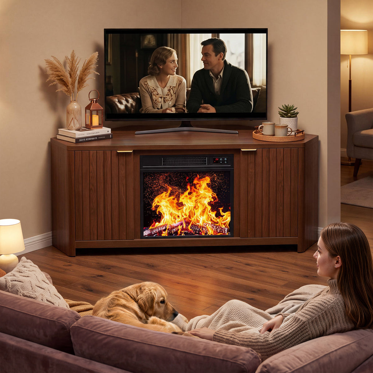 HiJob Electric Fireplace TV Stand with 18" Fireplace for 65" TVs, Holds up to 330 lbs, Corner Fireplace Entertainment Center with Charging Station, Walnut
