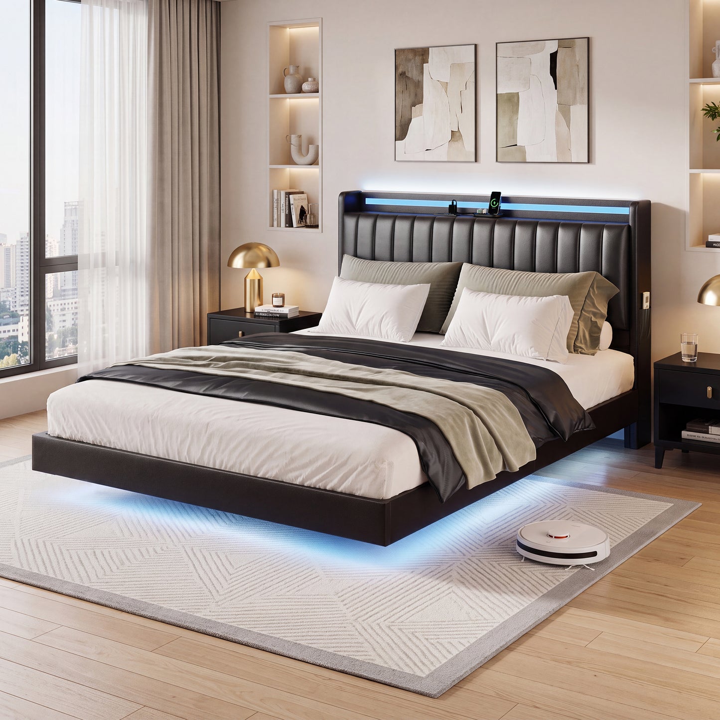 HiJob Queen Size Floating Bed Frame with Reclining PU Leather Storage Headboard, 3 Adjustable Positions, RGB LED Lights, Charging Station, Heavy Duty Platform Bed
