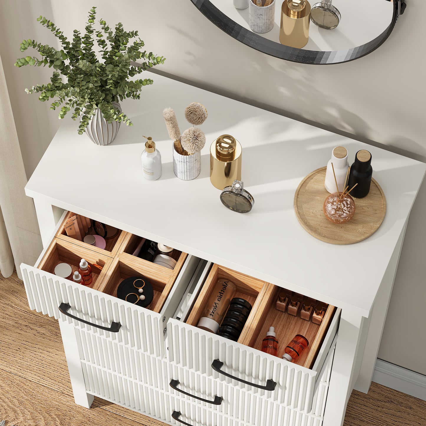 Nifamembo Fluted Dresser with 6 Wood Drawers, Dressers & Chests of Drawers Smooth Metal Rail