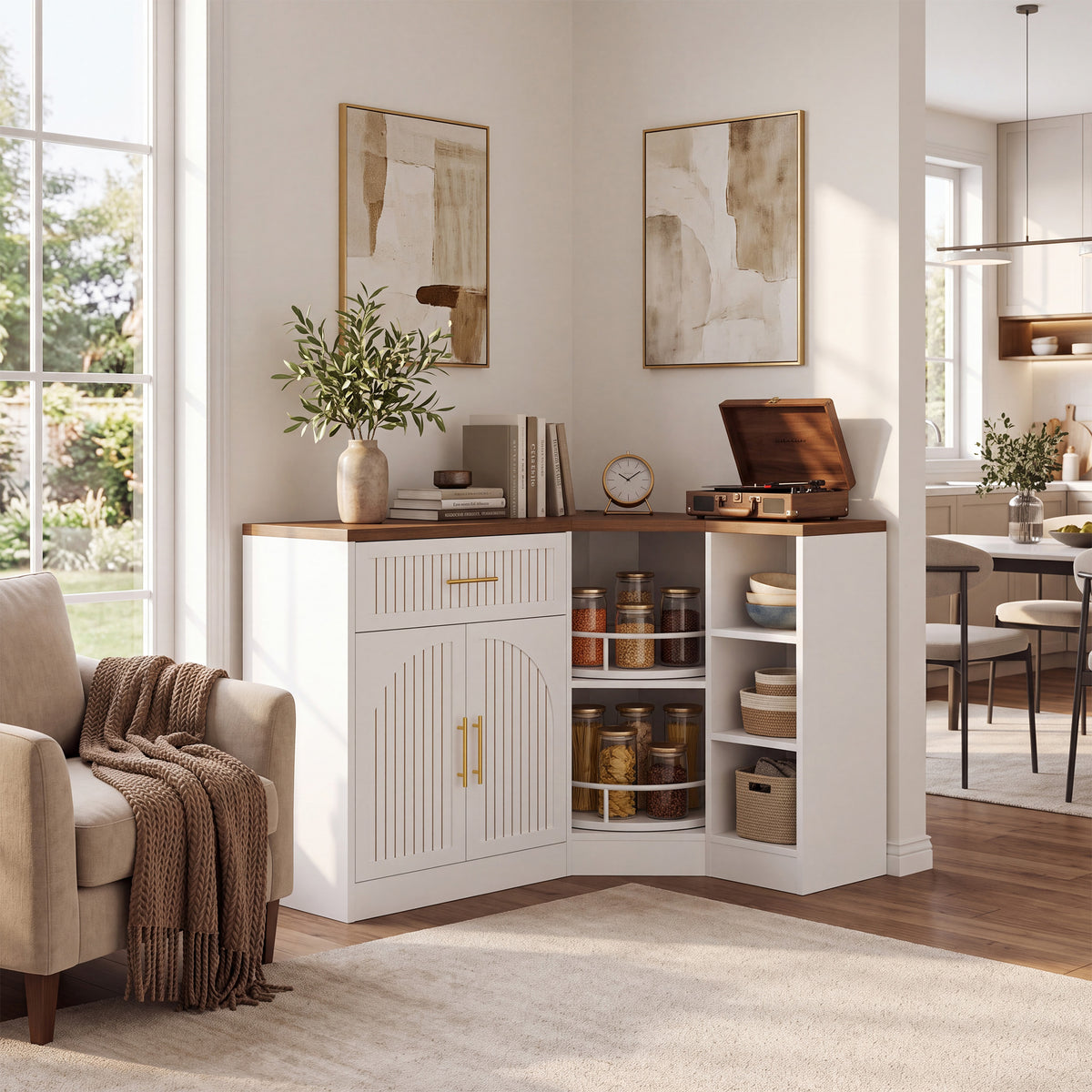 HiJob 47.3" Wide Corner Coffee Bar Cabinet with Charging Station and 2-Tier Lazy Susan, L-Shaped Kitchen Fluted Buffet Sideboard with Drawer and Microwave Shelf, White