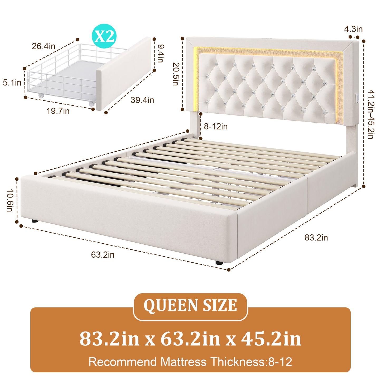 Hijob Queen Bed Frame with Headboard, Beige Velvet Tufted Headboard and 2 Storage Drawers, No Box Spring Needed, Built in Charging Station & LED Lights, Light Beige