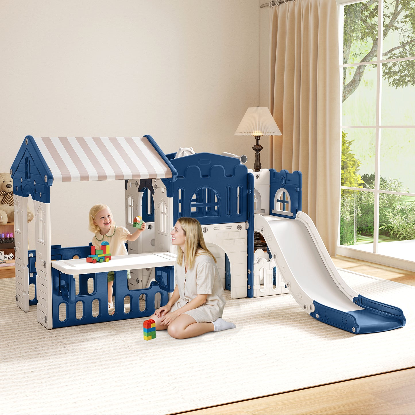 WFUN 9 in 1 Indoor Infant Toddler Playground Slides Playset for Backyard Home, Blue & Gray