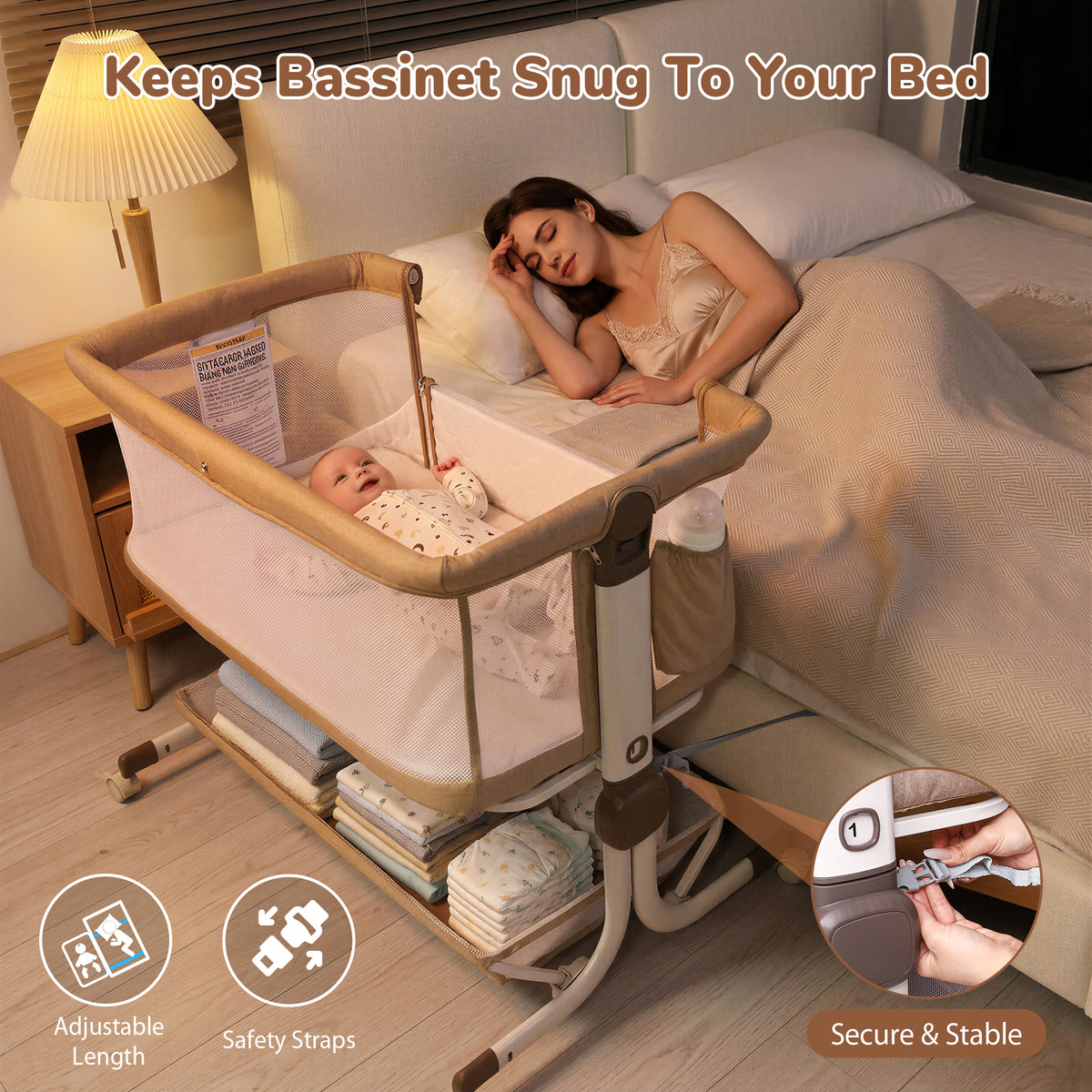 Vipuse 3-in-1 Baby Bassinet Bedside Sleeper, 6 Height Adjustments, Full Mesh Breathable, Portable Newborn Baby Crib with Storage Basket,Oatmeal