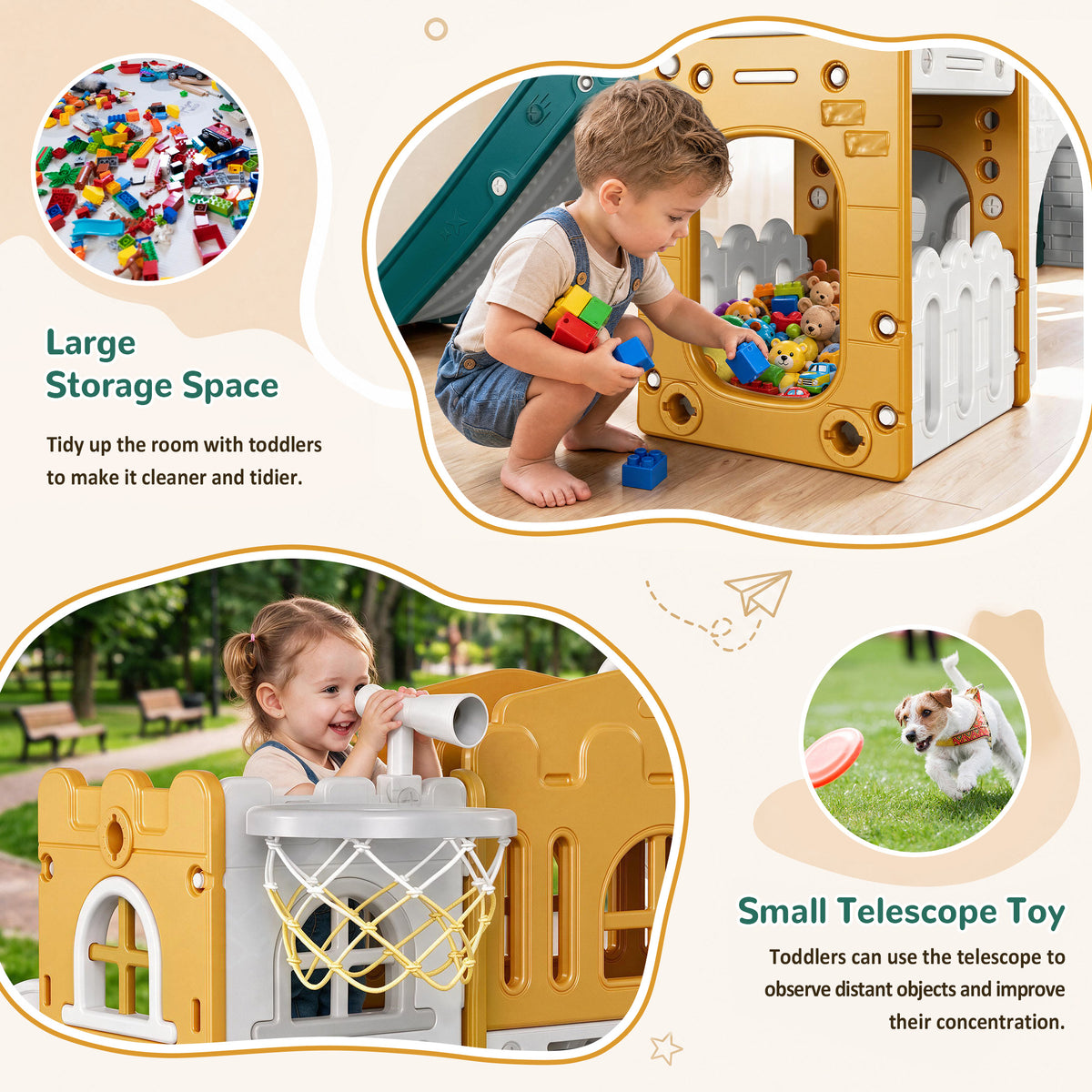 Vipuse Playhouse Playsets with Slide, 9 in 1 Playground Toddler Slide for Indoor Outdoor Backyard,Yellow & Green