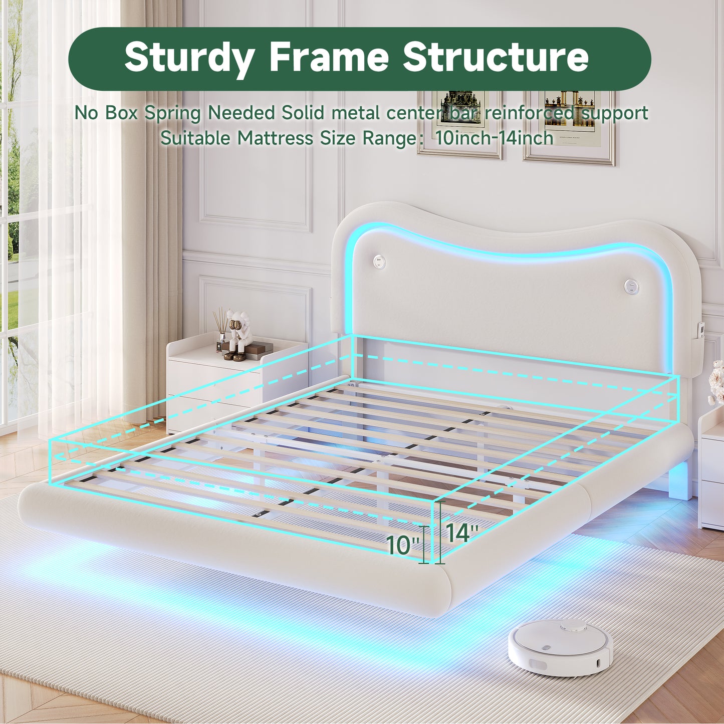 Anyact Full Size Floating Bed Frame with Led & Charging Station, Velvet Upholstered Bed Frame with Floating Metal Platform Bed, White