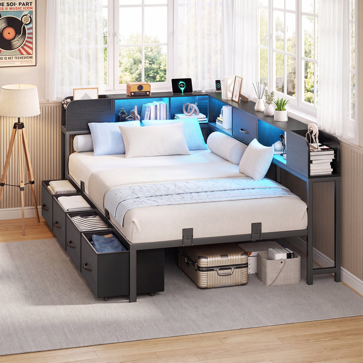 HiJob Twin Corner Bed Frame with 4 Large Underbed Drawers, Bookshelf, RGB LED Lights and Charging Station, L-Shaped Metal Twin Daybed for Bedroom, Apartment, Black