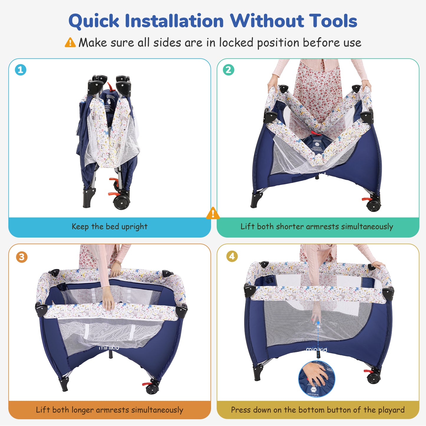 Minikid Baby Playard with Bassinet,Unisex Playpen Include Music Box and Hanging Toys,Portable Crib for Newborn to Toddlers,Blue