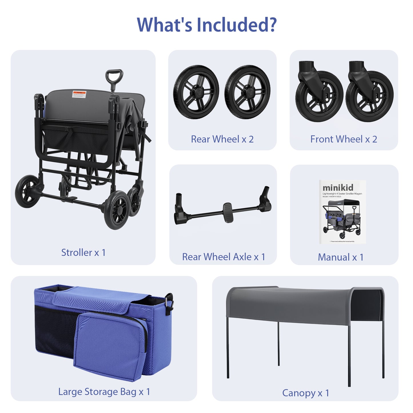 Minikid 4 Seater Wagon Stroller with Canopy,5-Point Harness,Adjustable Handlebars for Baby Toddlers,Gray