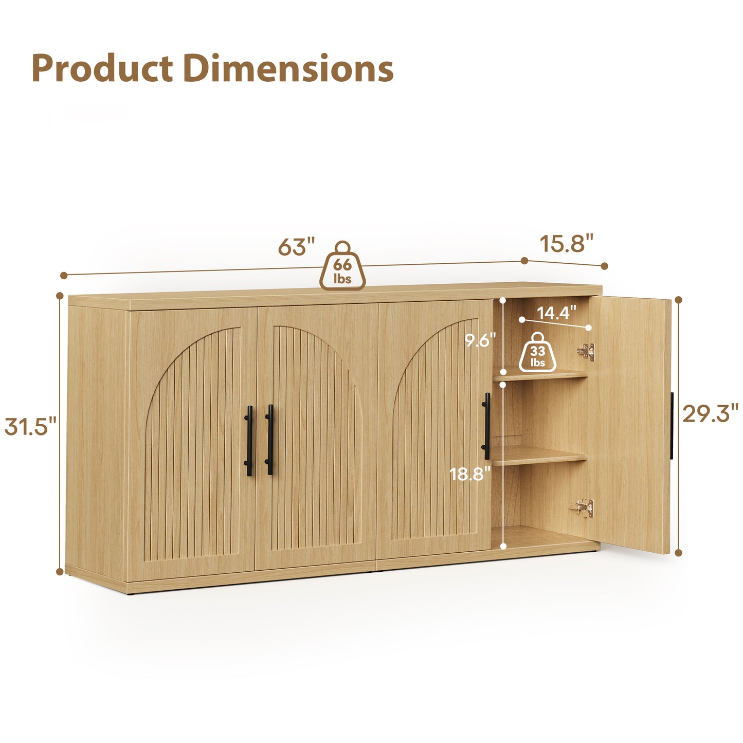 Anyact Modern Fluted Sideboard Cabinet, 63" Long Dressers with Metal Handle w/Curved Profile Design, Wood Mid Century Dresser w/Double-Layered for Living Room, Natural Oak