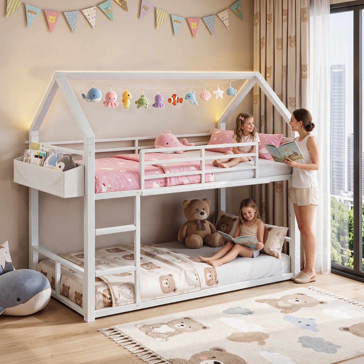 HiJob Twin Over Twin Low Metal House Bunk Bed with Bedside Storage and RGB LED Lights for Kids, White