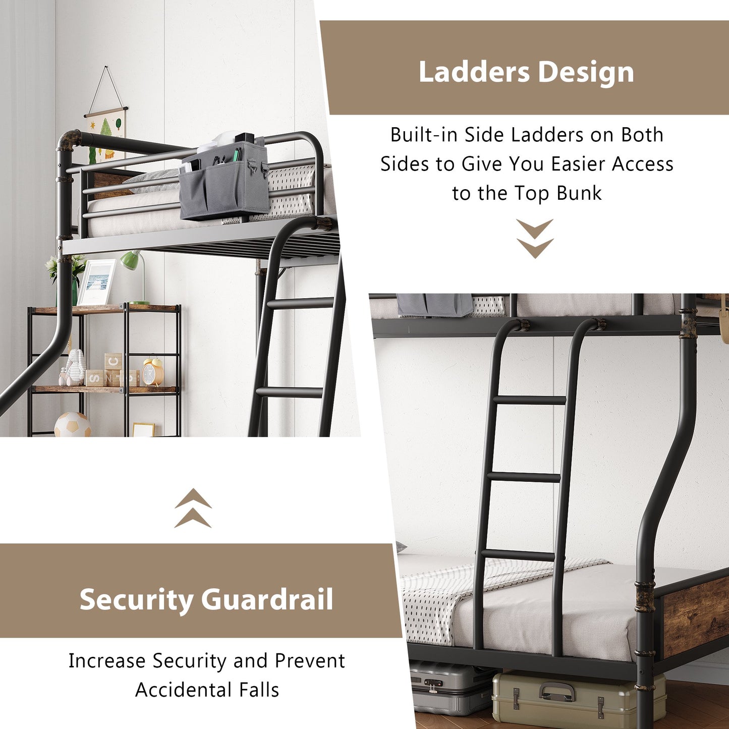 Hijob Twin over Full Bunk Bed, Antique Heavy Duty Metal Bed Frame with Storage Bag&Hooks for Adults Teens, Convertible into 2 Seperate Beds, Black&Brown